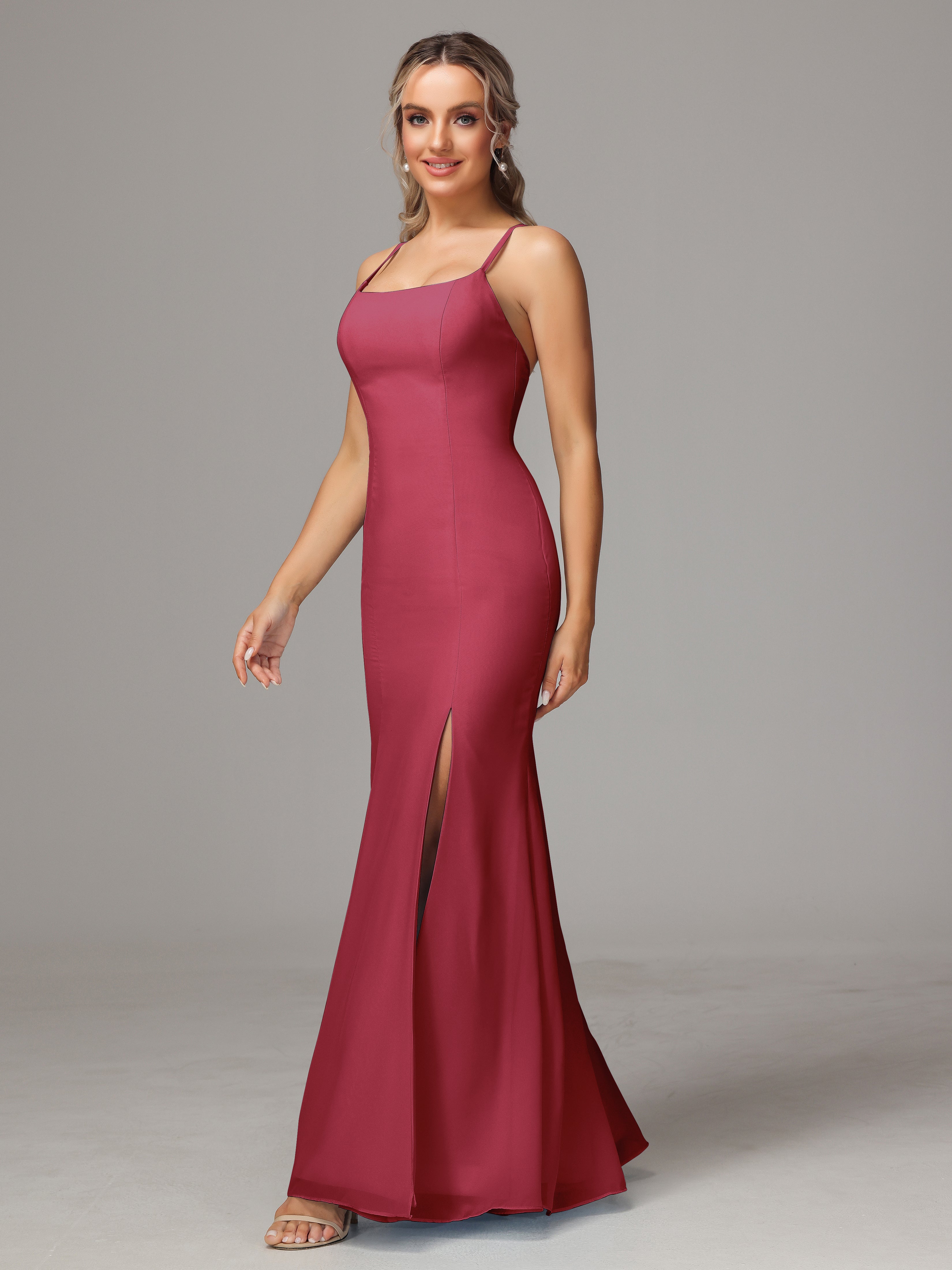 Spaghetti Straps Cross Back Chiffon Bridesmaid Dress