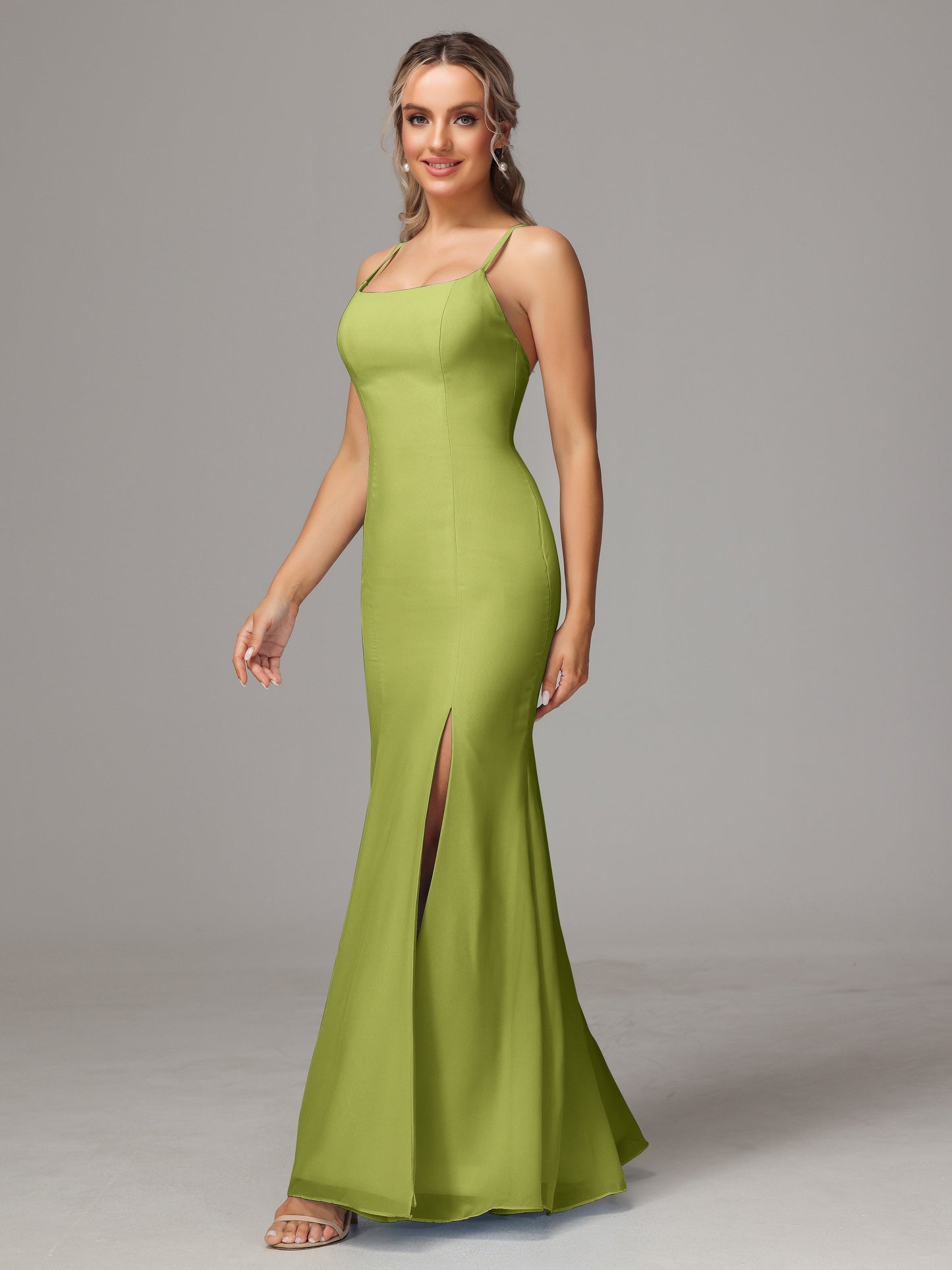 Spaghetti Straps Cross Back Chiffon Bridesmaid Dress