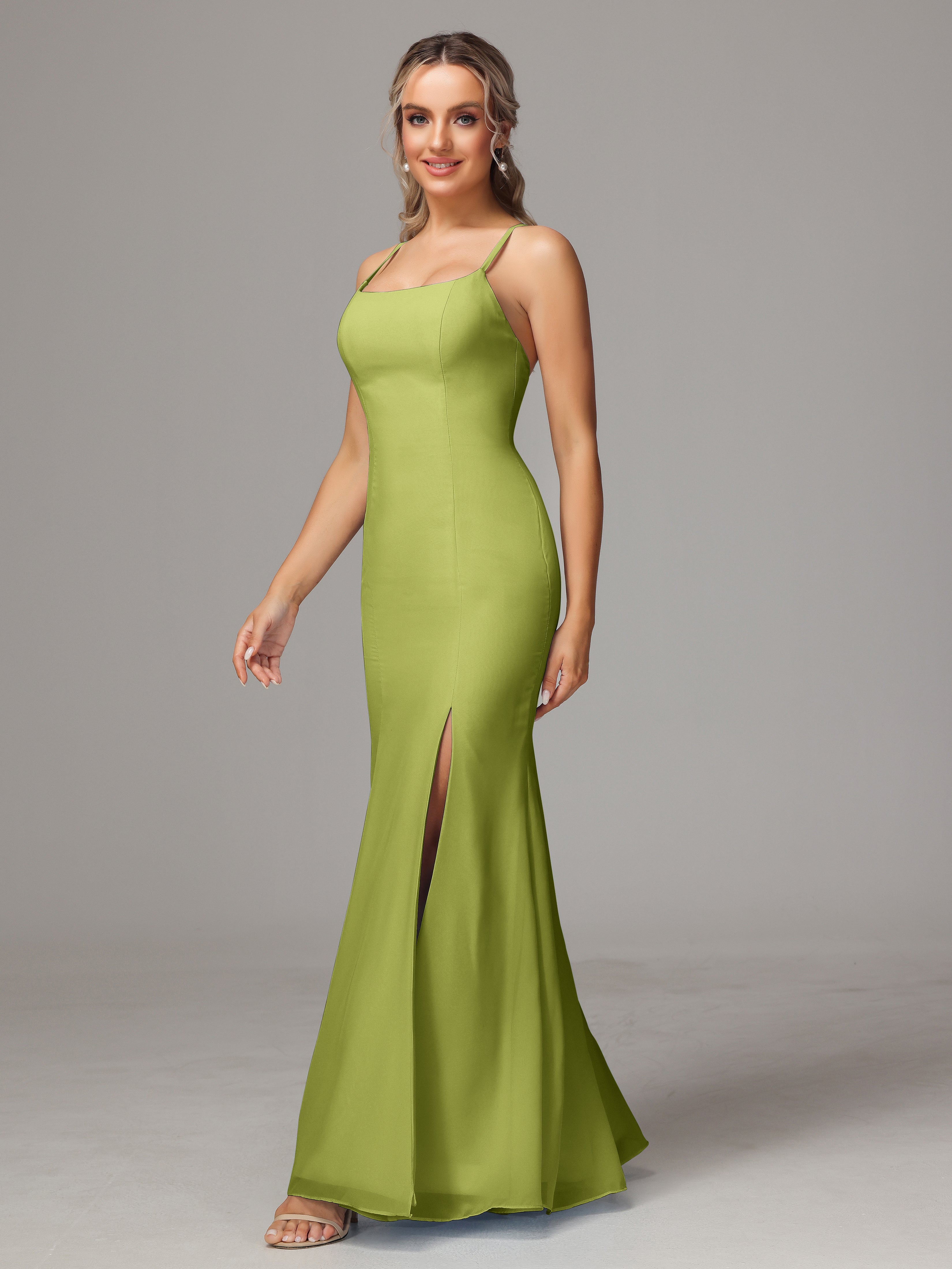 Spaghetti Straps Cross Back Chiffon Bridesmaid Dress