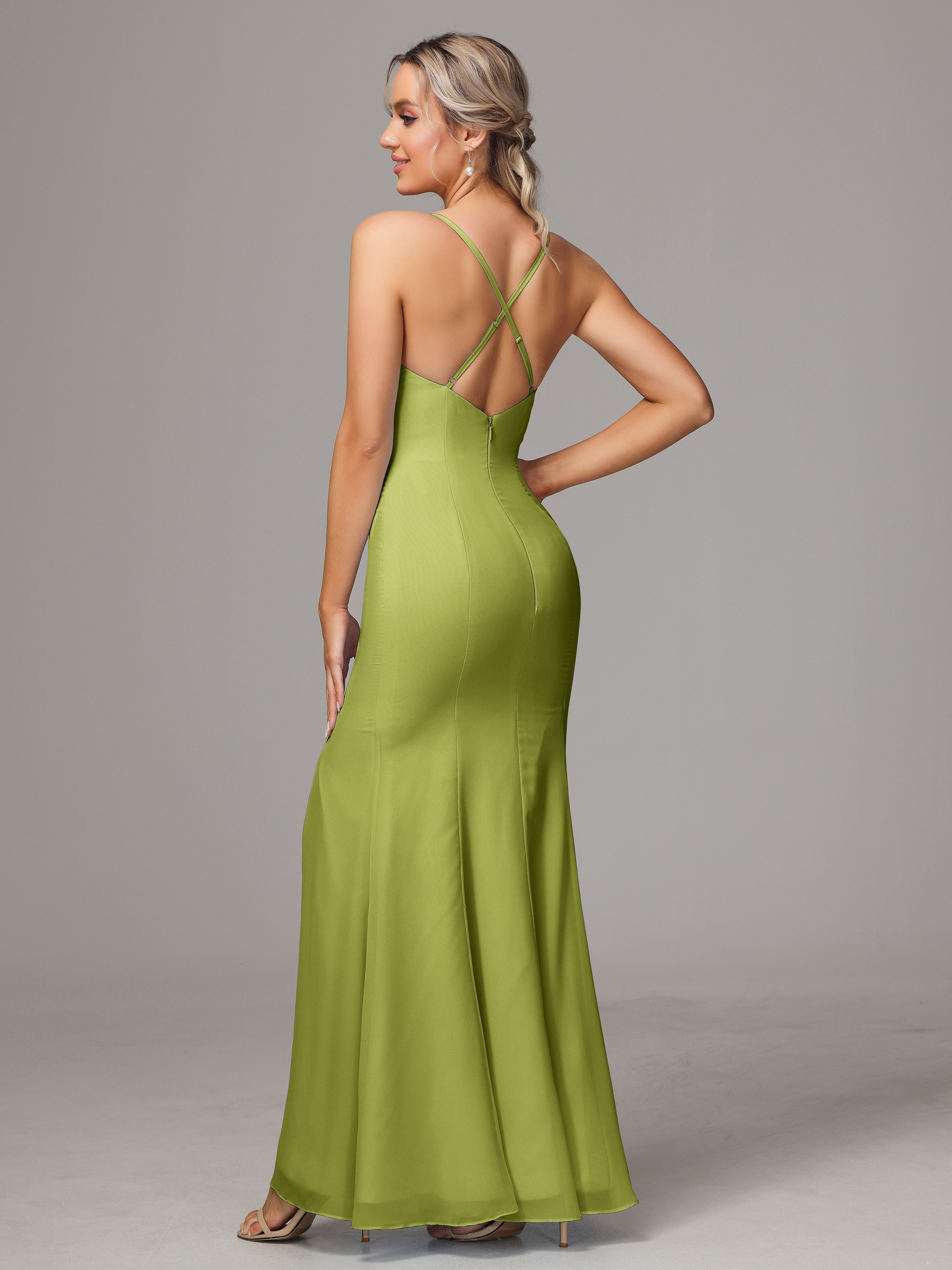 Spaghetti Straps Cross Back Chiffon Bridesmaid Dress
