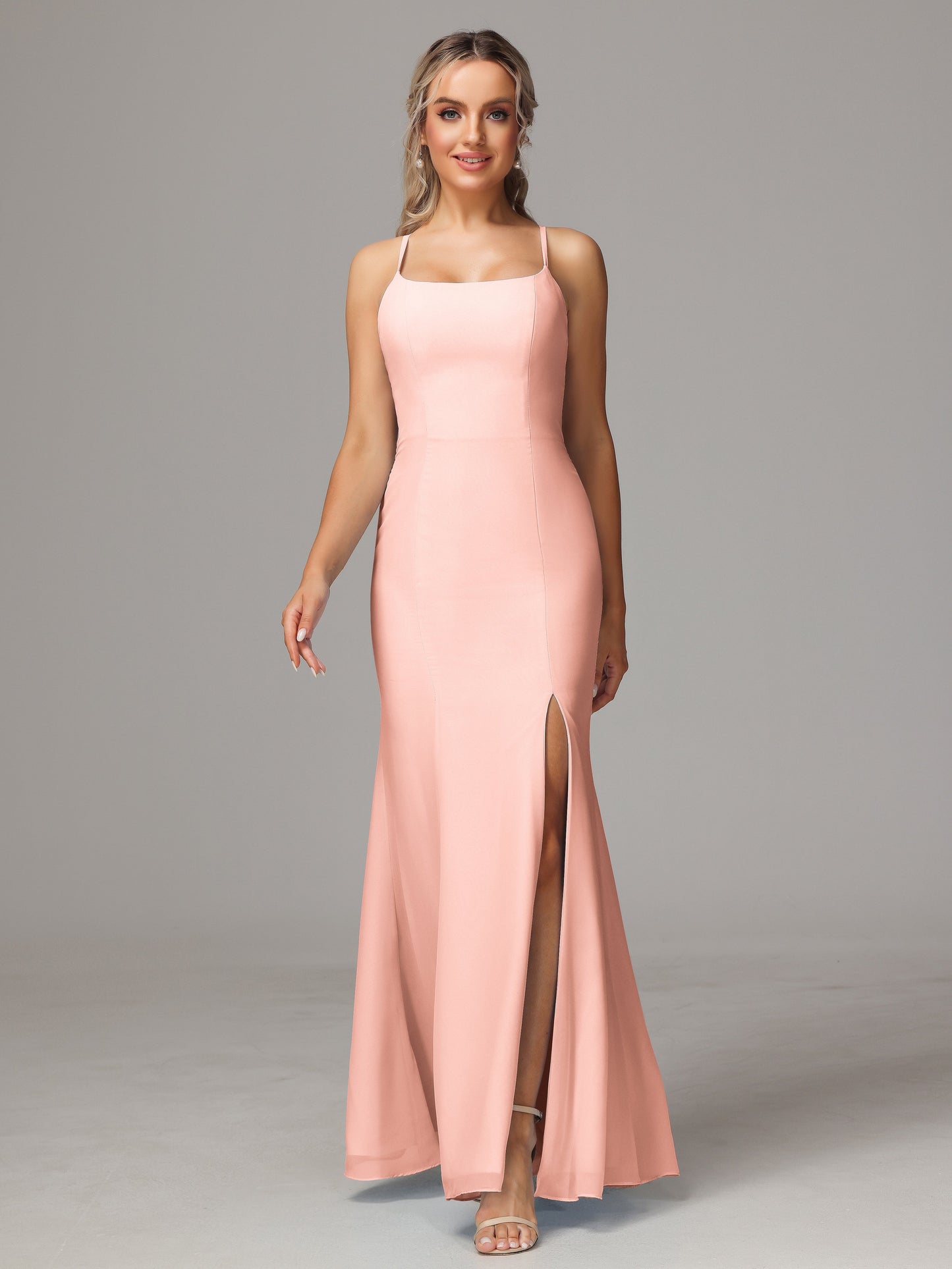 Spaghetti Straps Cross Back Chiffon Bridesmaid Dress