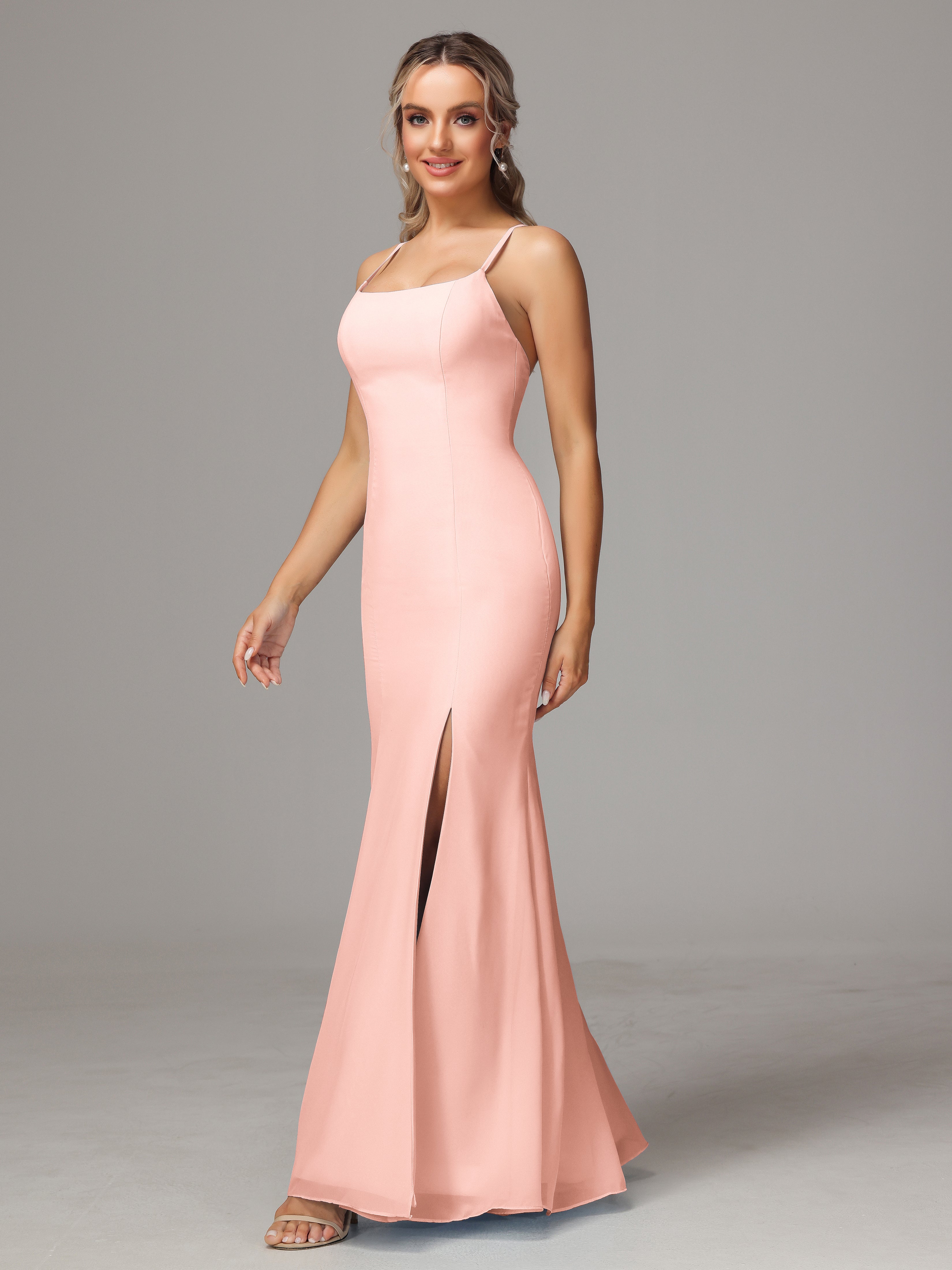 Spaghetti Straps Cross Back Chiffon Bridesmaid Dress