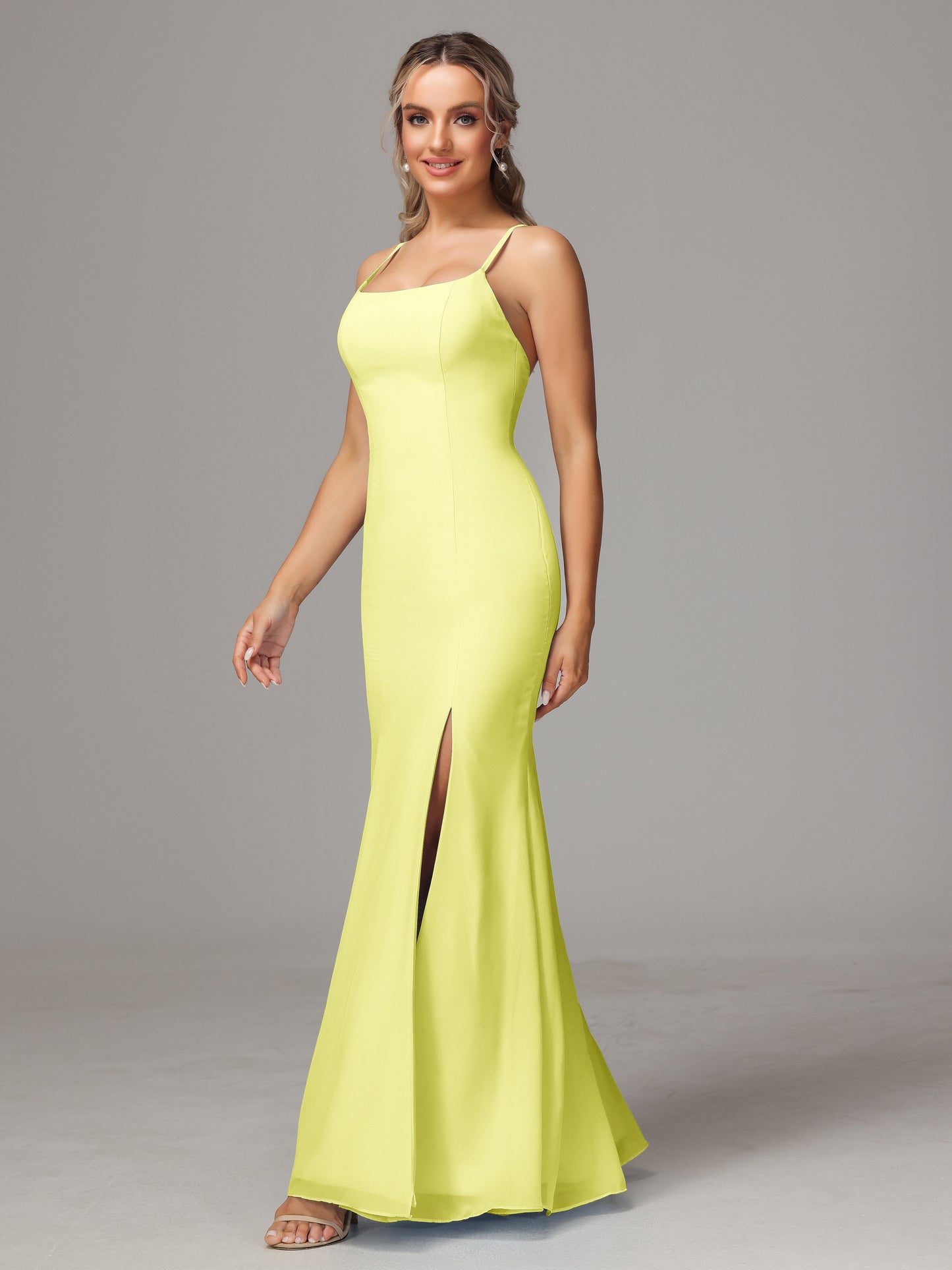 Spaghetti Straps Cross Back Chiffon Bridesmaid Dress