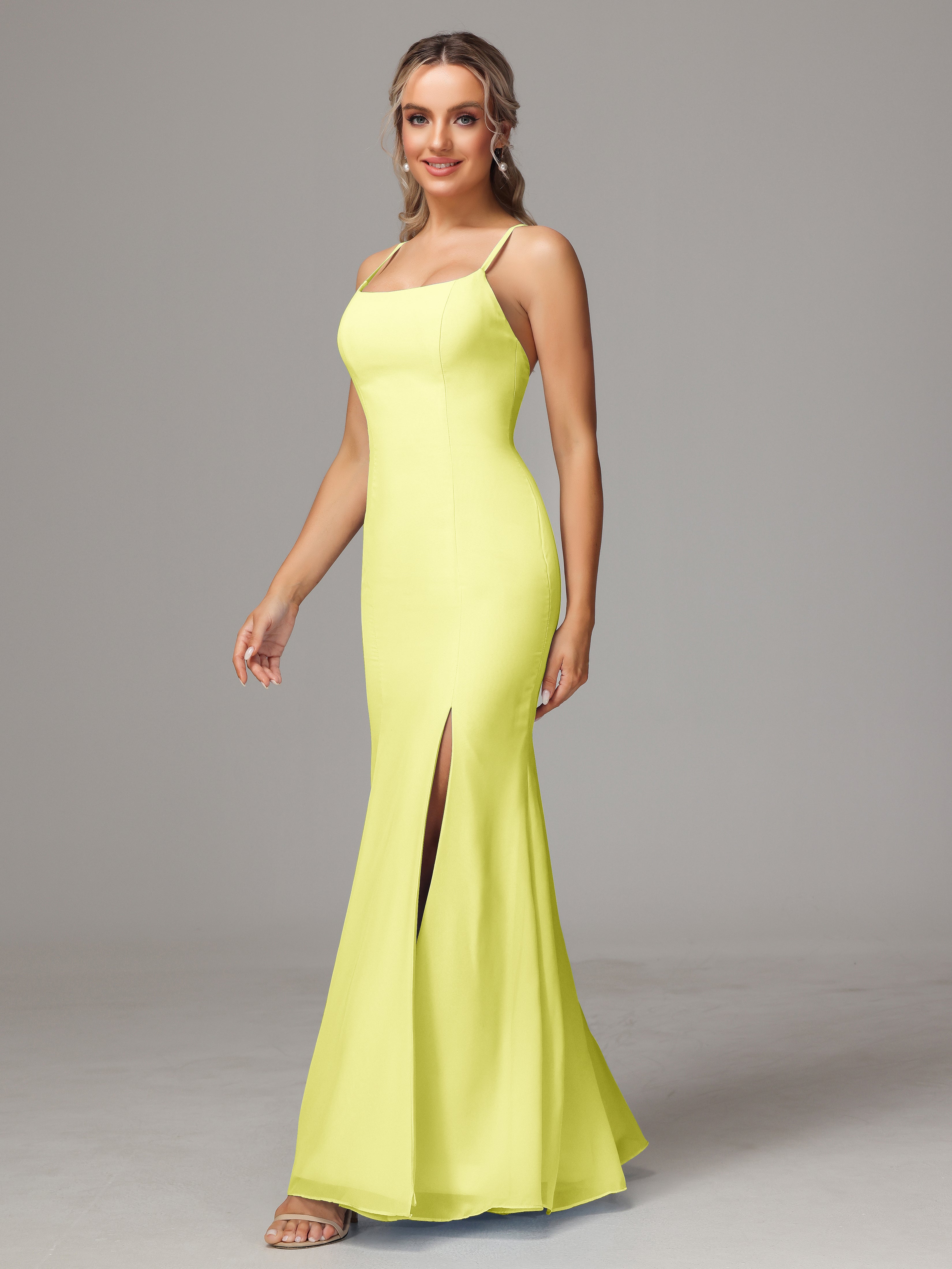 Spaghetti Straps Cross Back Chiffon Bridesmaid Dress