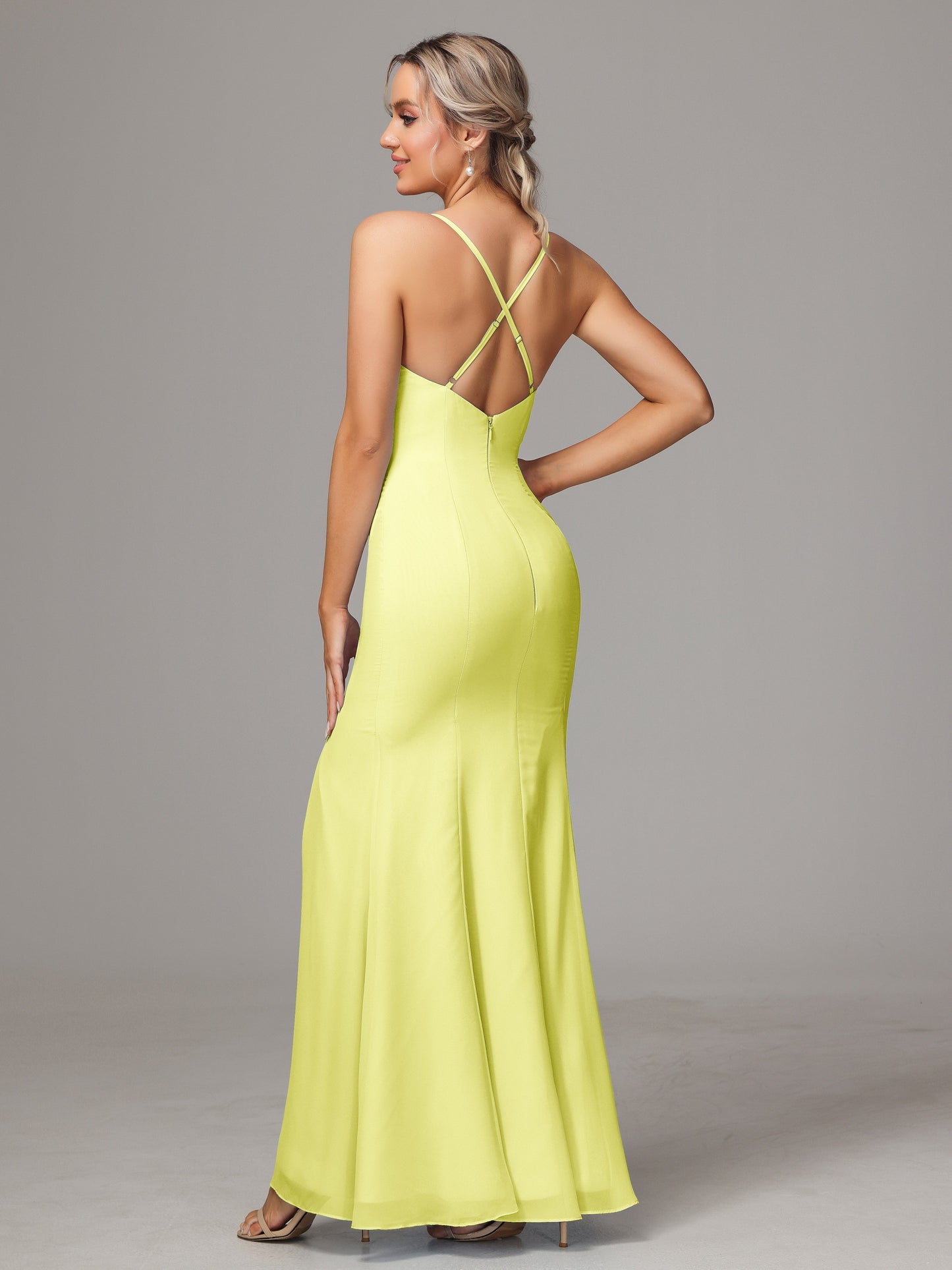 Spaghetti Straps Cross Back Chiffon Bridesmaid Dress