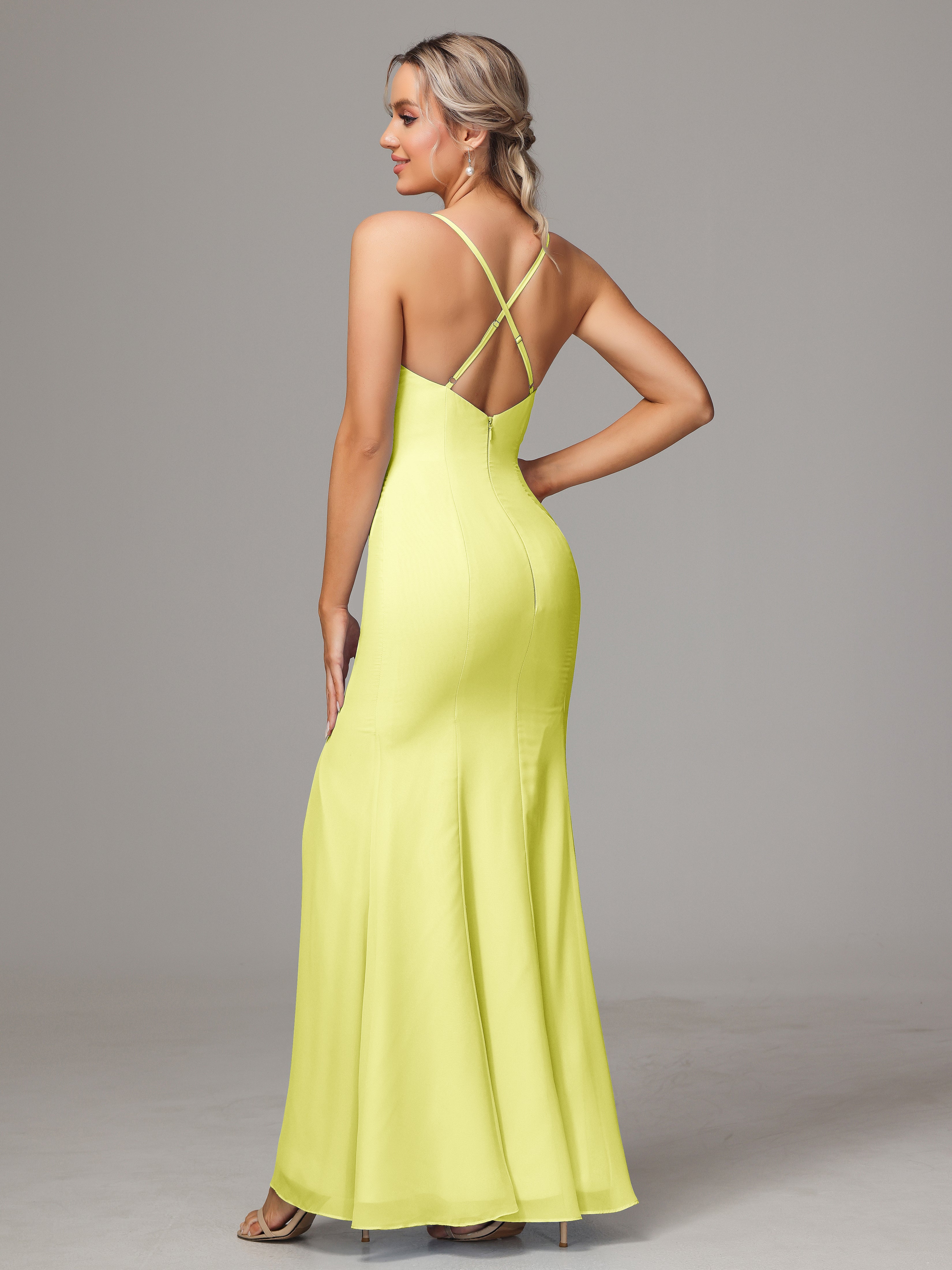 Spaghetti Straps Cross Back Chiffon Bridesmaid Dress
