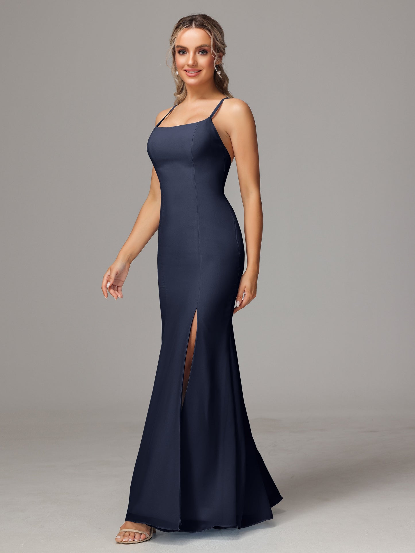 Spaghetti Straps Cross Back Chiffon Bridesmaid Dress