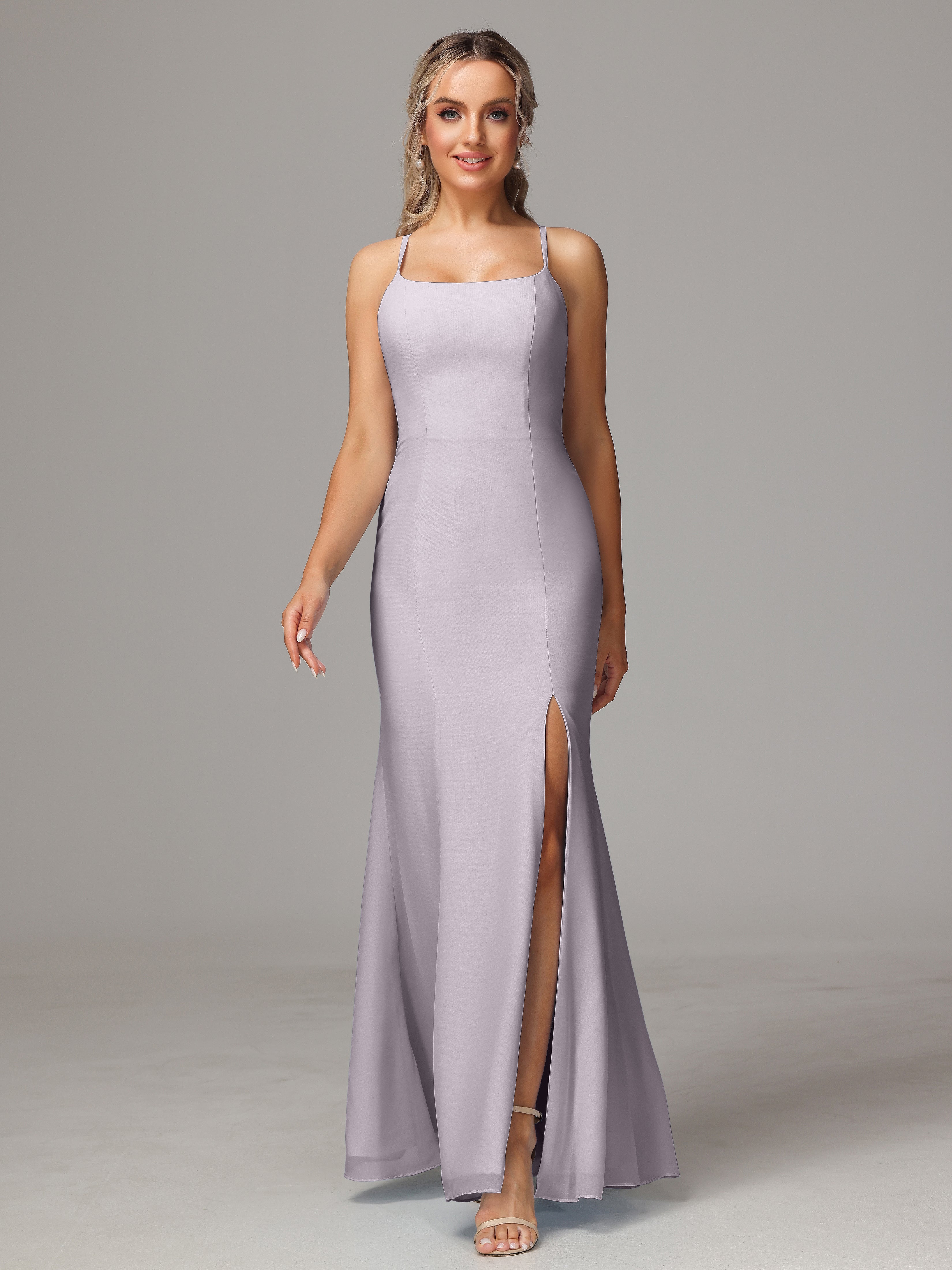 Spaghetti Straps Cross Back Chiffon Bridesmaid Dress