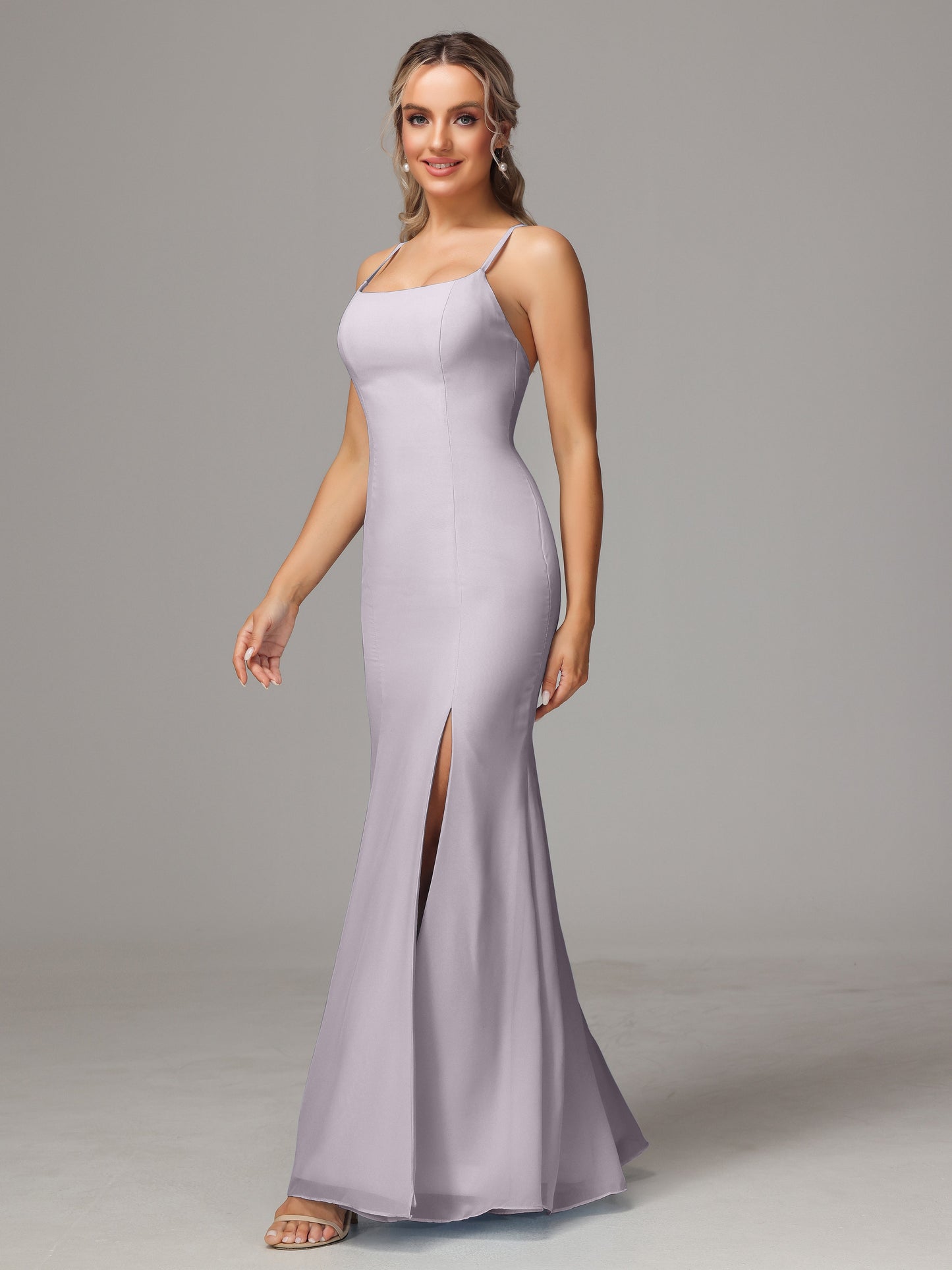 Spaghetti Straps Cross Back Chiffon Bridesmaid Dress