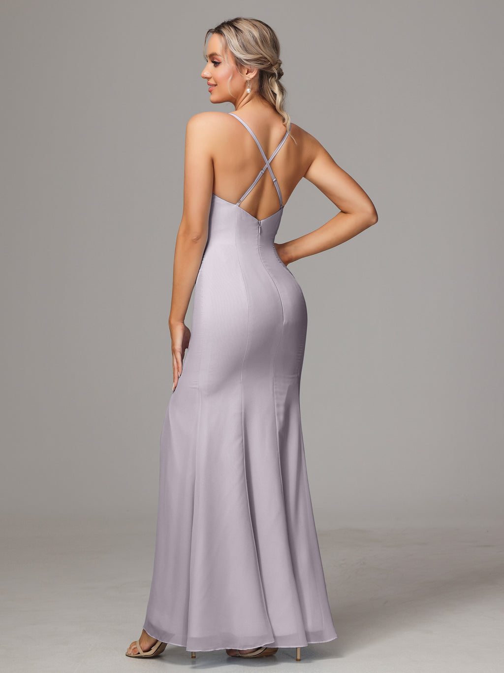 Spaghetti Straps Cross Back Chiffon Bridesmaid Dress