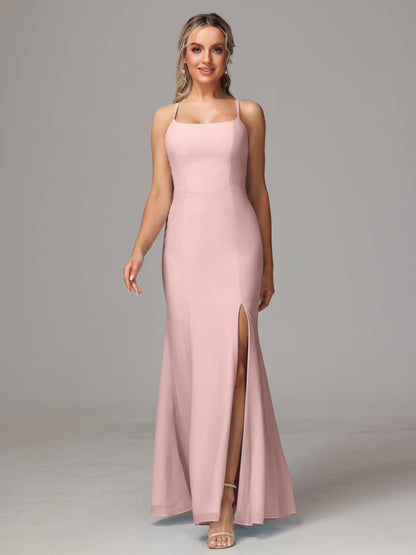 Spaghetti Straps Cross Back Chiffon Bridesmaid Dress