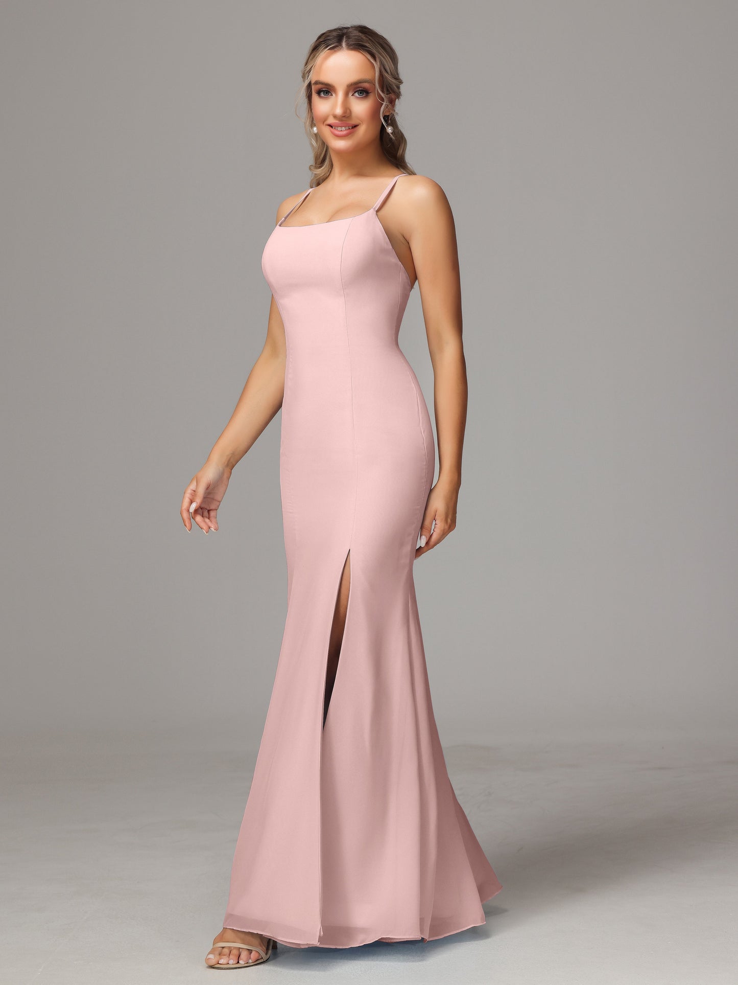 Spaghetti Straps Cross Back Chiffon Bridesmaid Dress