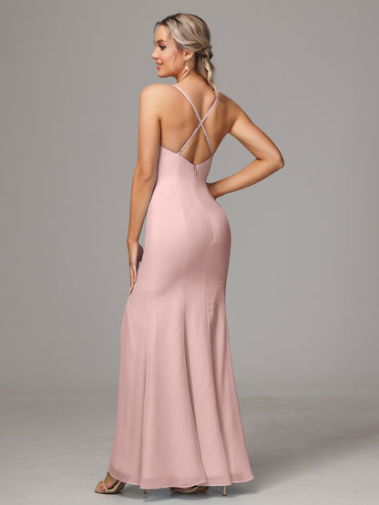 Spaghetti Straps Cross Back Chiffon Bridesmaid Dress