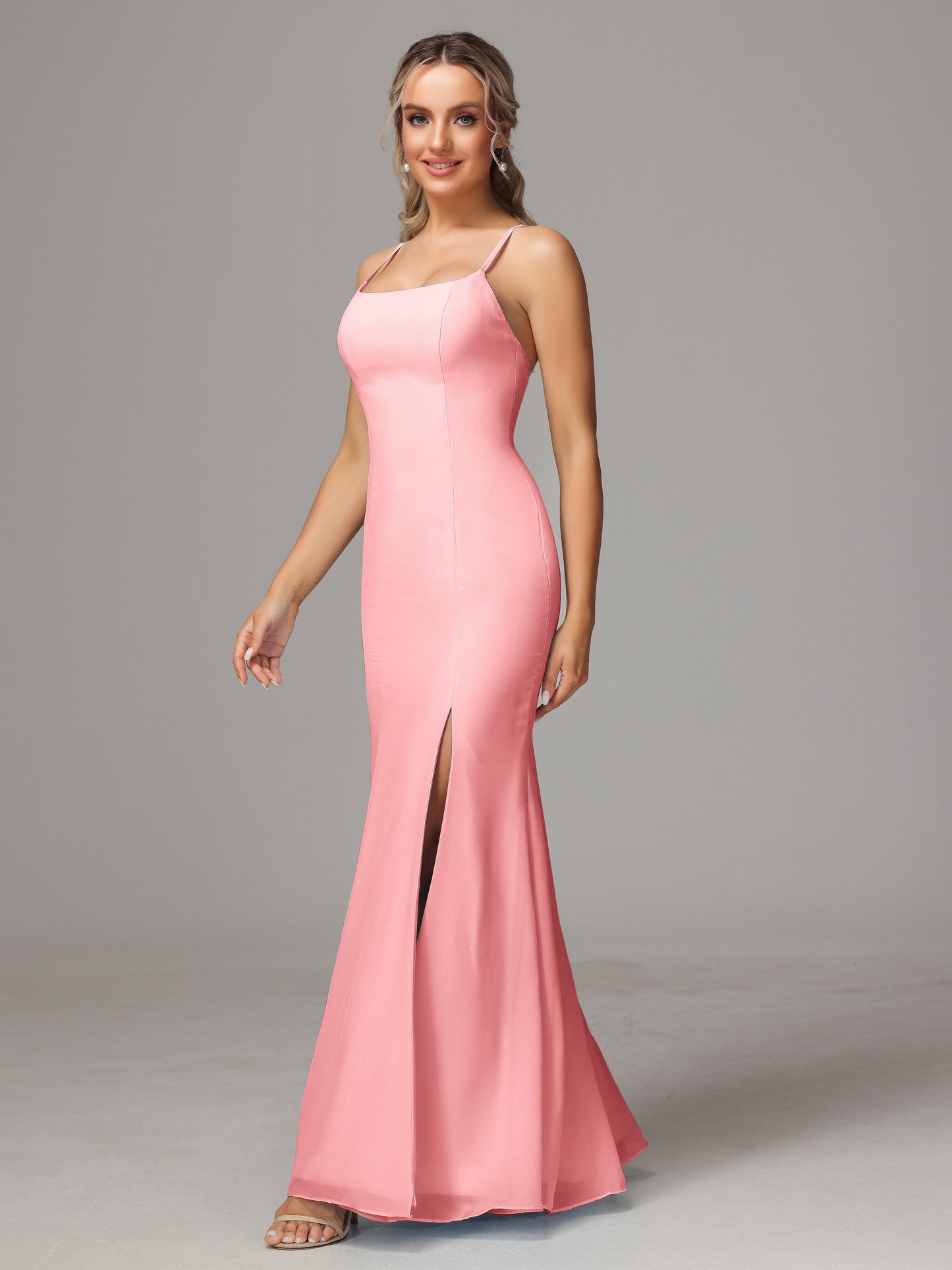 Spaghetti Straps Cross Back Chiffon Bridesmaid Dress