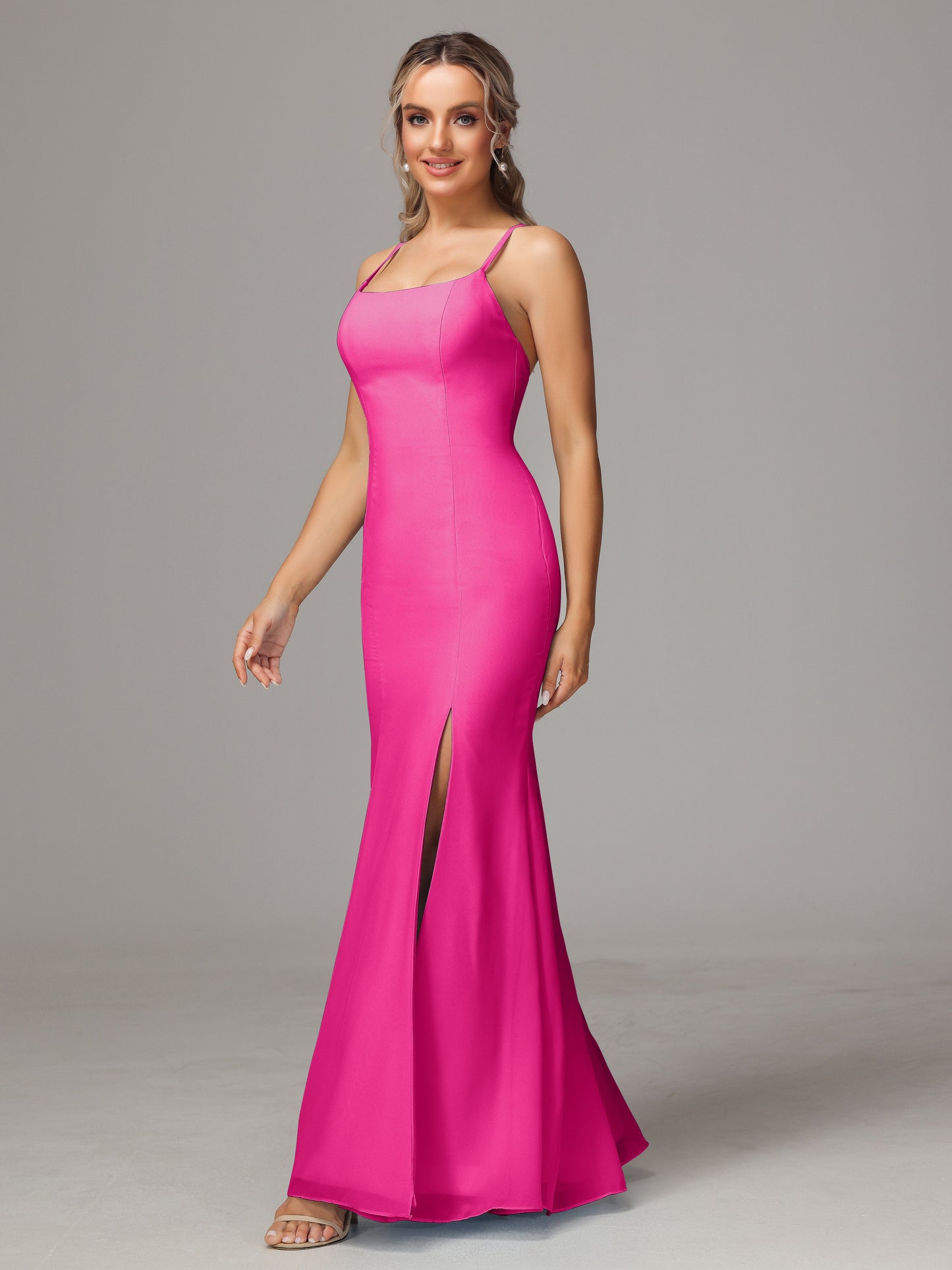 Spaghetti Straps Cross Back Chiffon Bridesmaid Dress