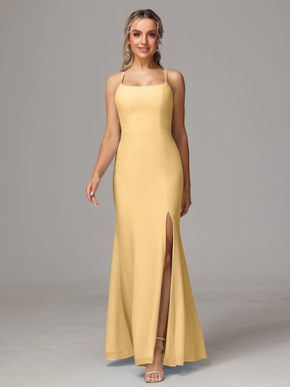 Spaghetti Straps Cross Back Chiffon Bridesmaid Dress