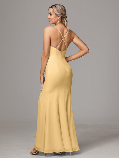 Spaghetti Straps Cross Back Chiffon Bridesmaid Dress