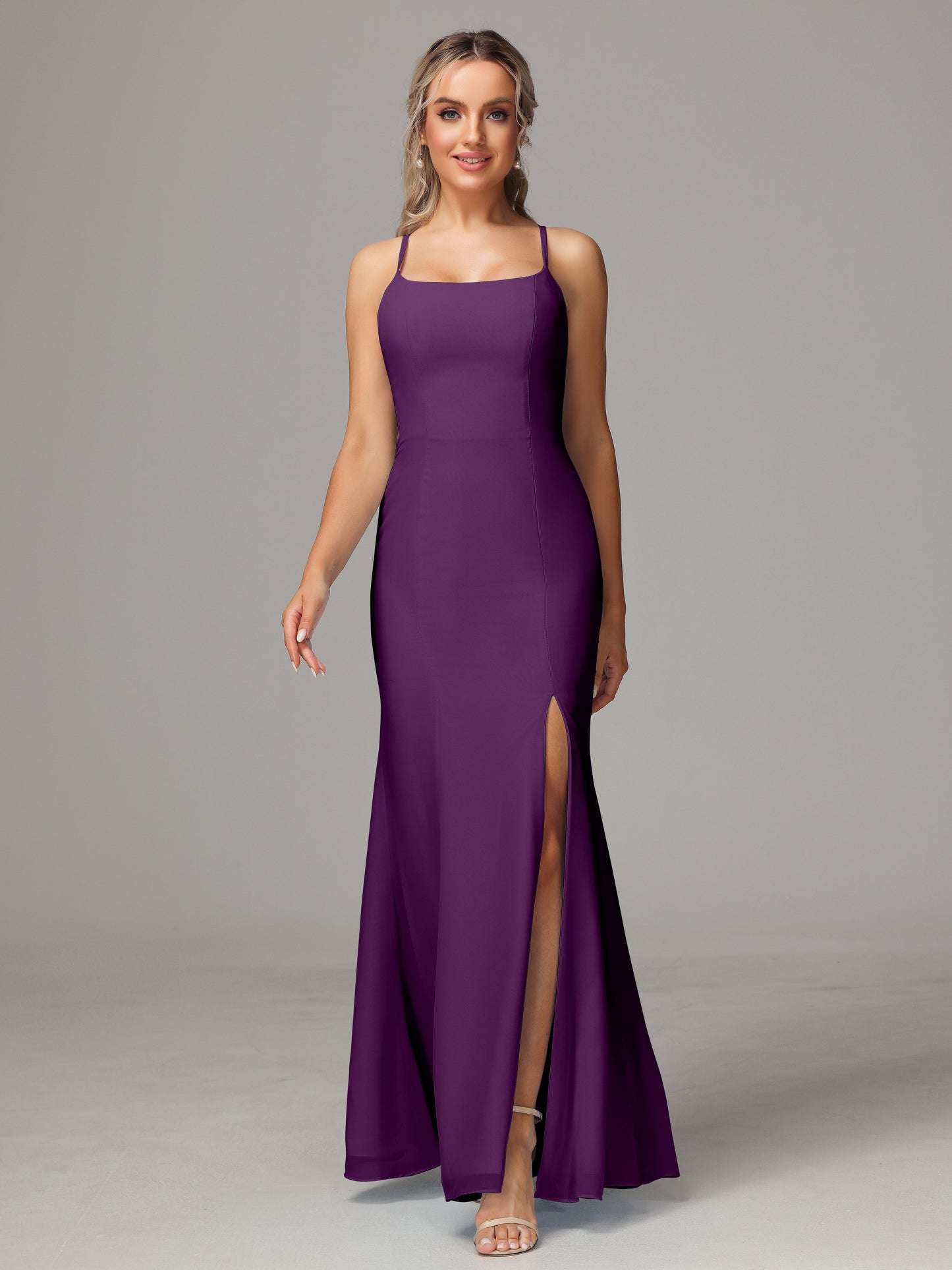 Spaghetti Straps Cross Back Chiffon Bridesmaid Dress