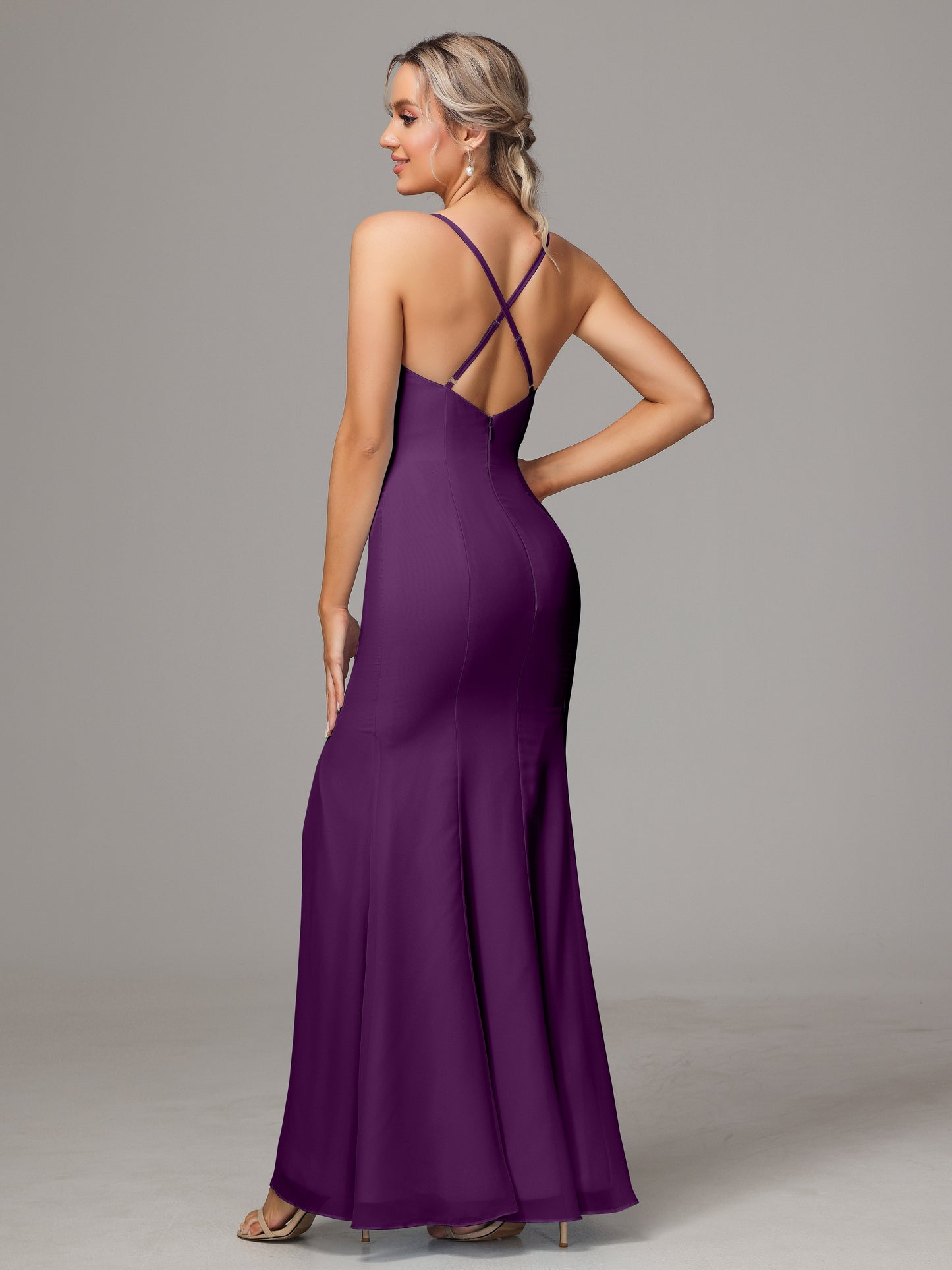 Spaghetti Straps Cross Back Chiffon Bridesmaid Dress