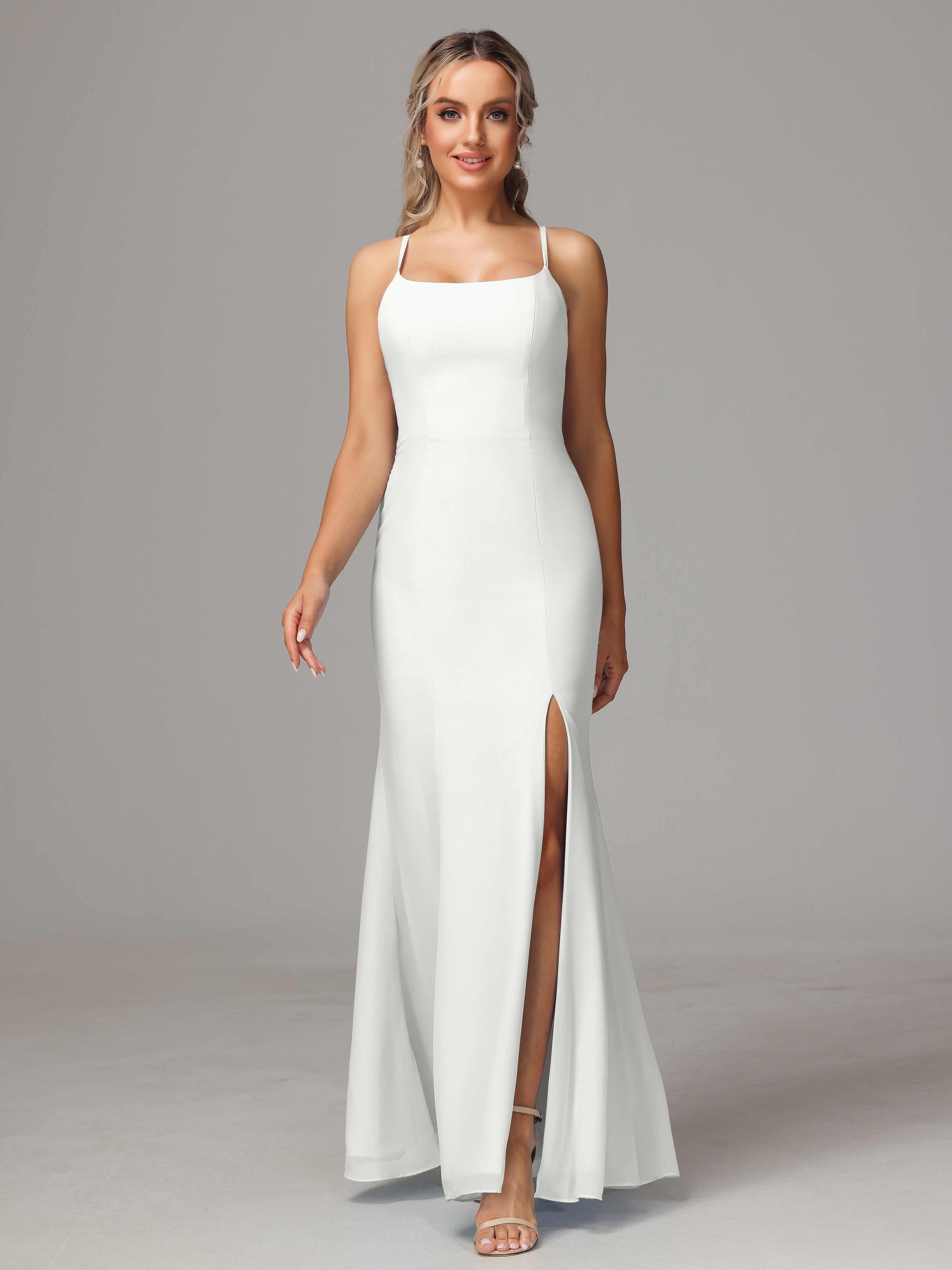 Spaghetti Straps Cross Back Chiffon Bridesmaid Dress