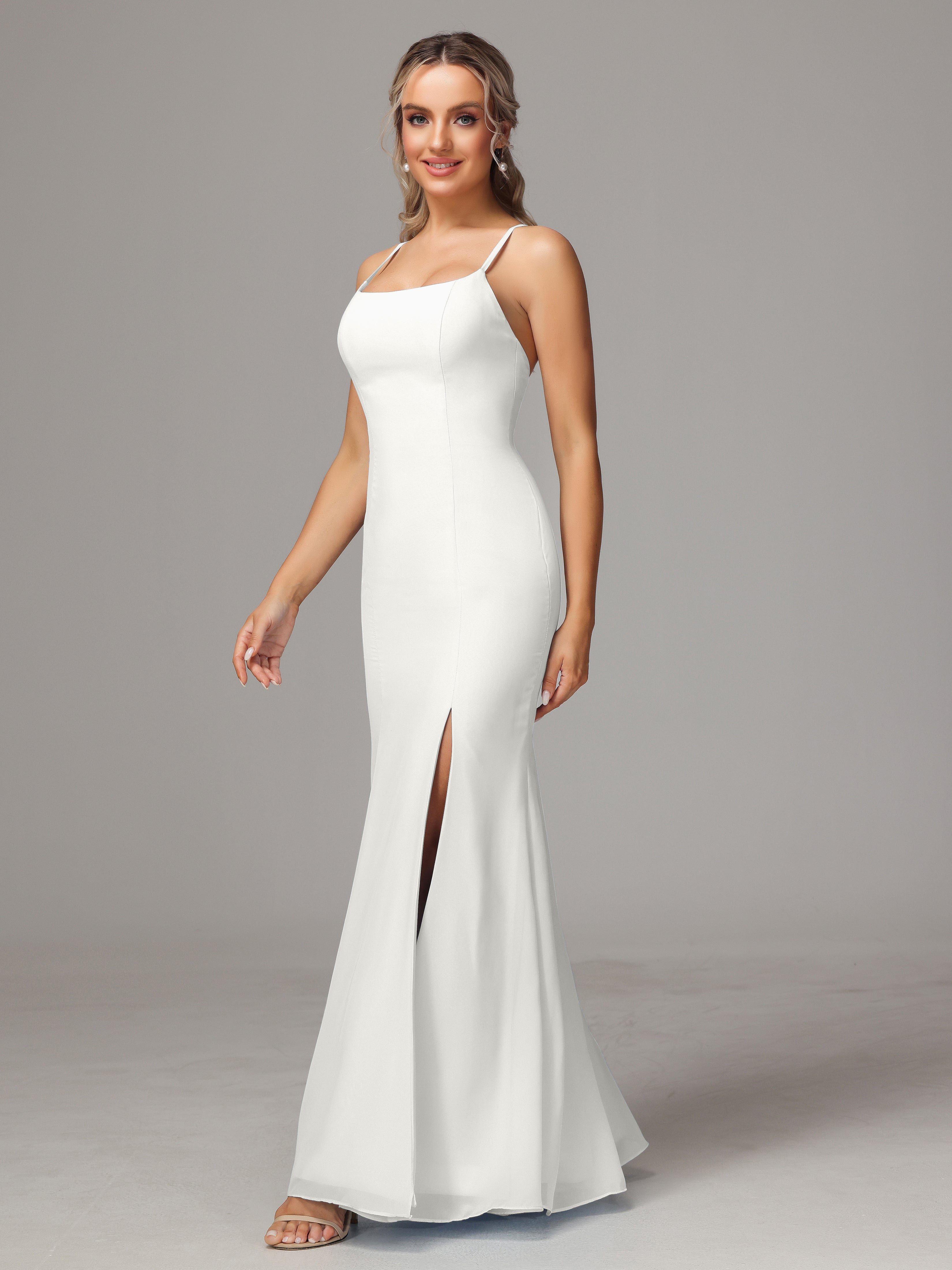 Spaghetti Straps Cross Back Chiffon Bridesmaid Dress