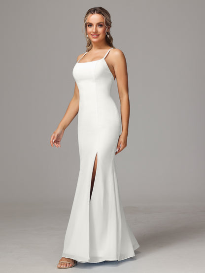 Spaghetti Straps Cross Back Chiffon Bridesmaid Dress