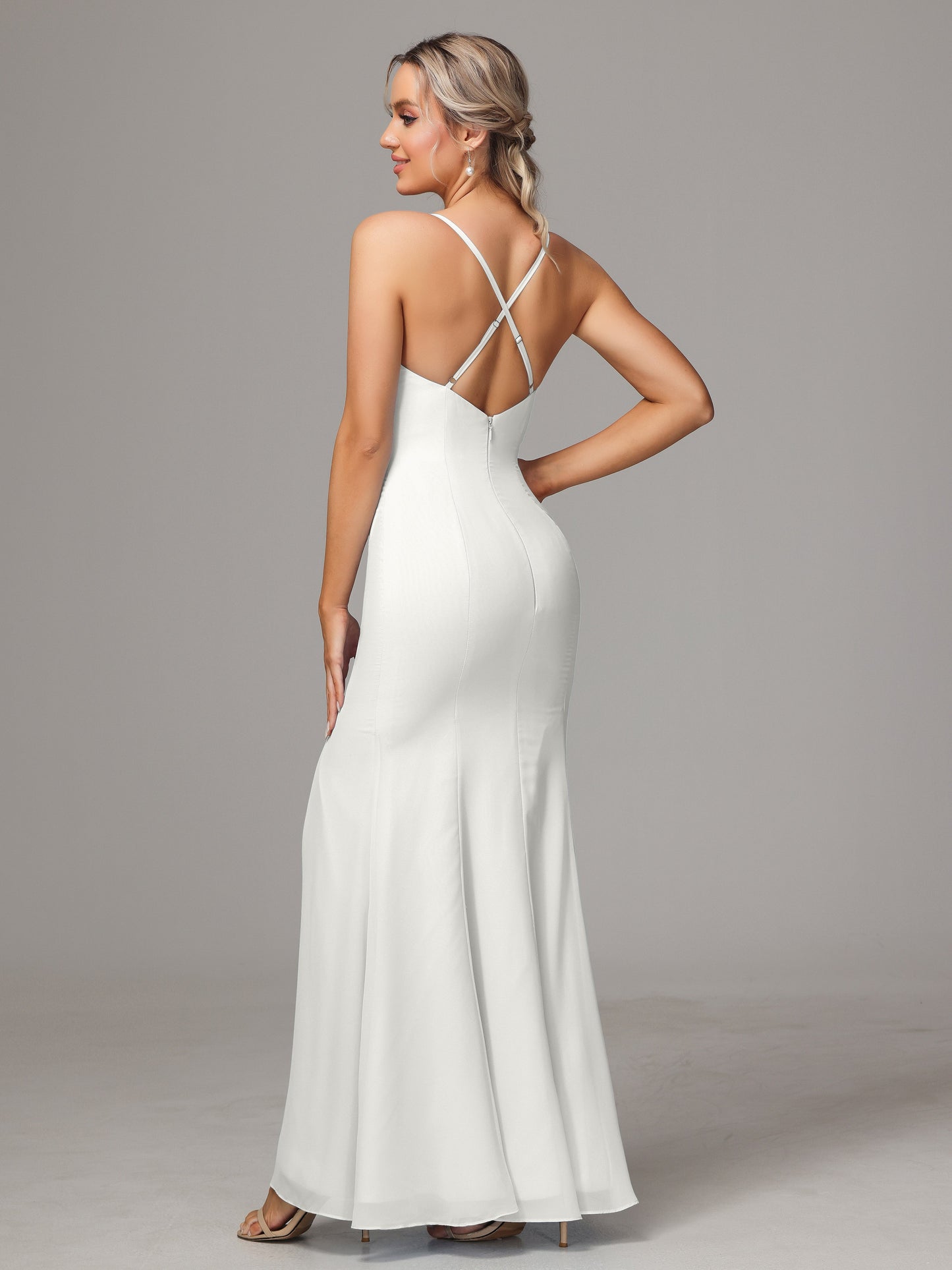 Spaghetti Straps Cross Back Chiffon Bridesmaid Dress