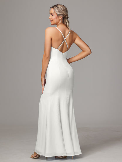 Spaghetti Straps Cross Back Chiffon Bridesmaid Dress