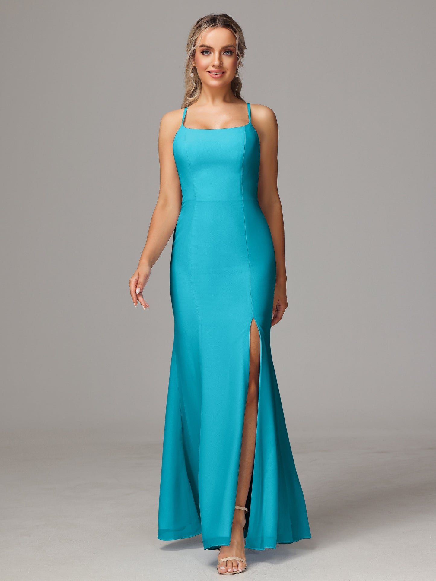 Spaghetti Straps Cross Back Chiffon Bridesmaid Dress