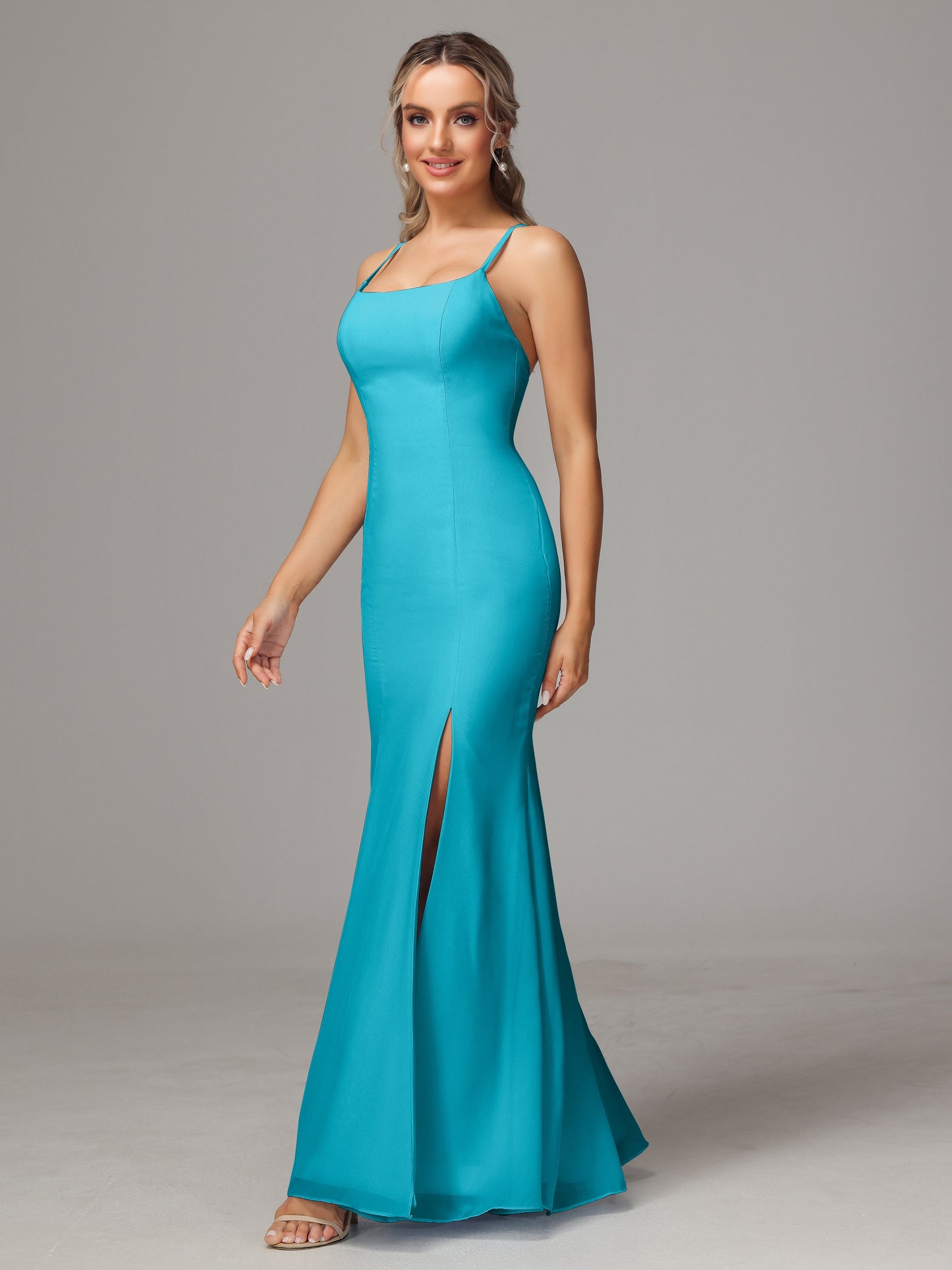 Spaghetti Straps Cross Back Chiffon Bridesmaid Dress
