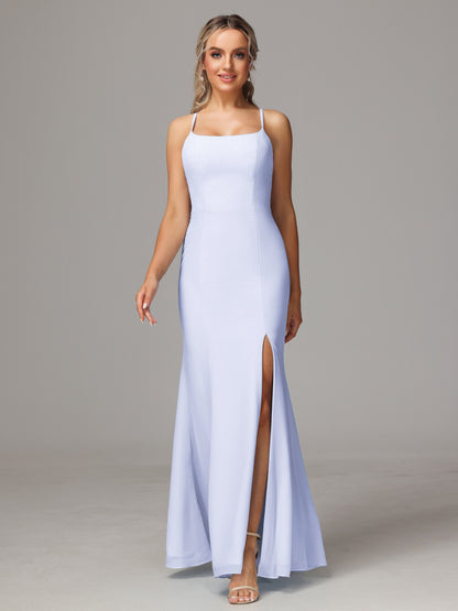 Spaghetti Straps Cross Back Chiffon Bridesmaid Dress