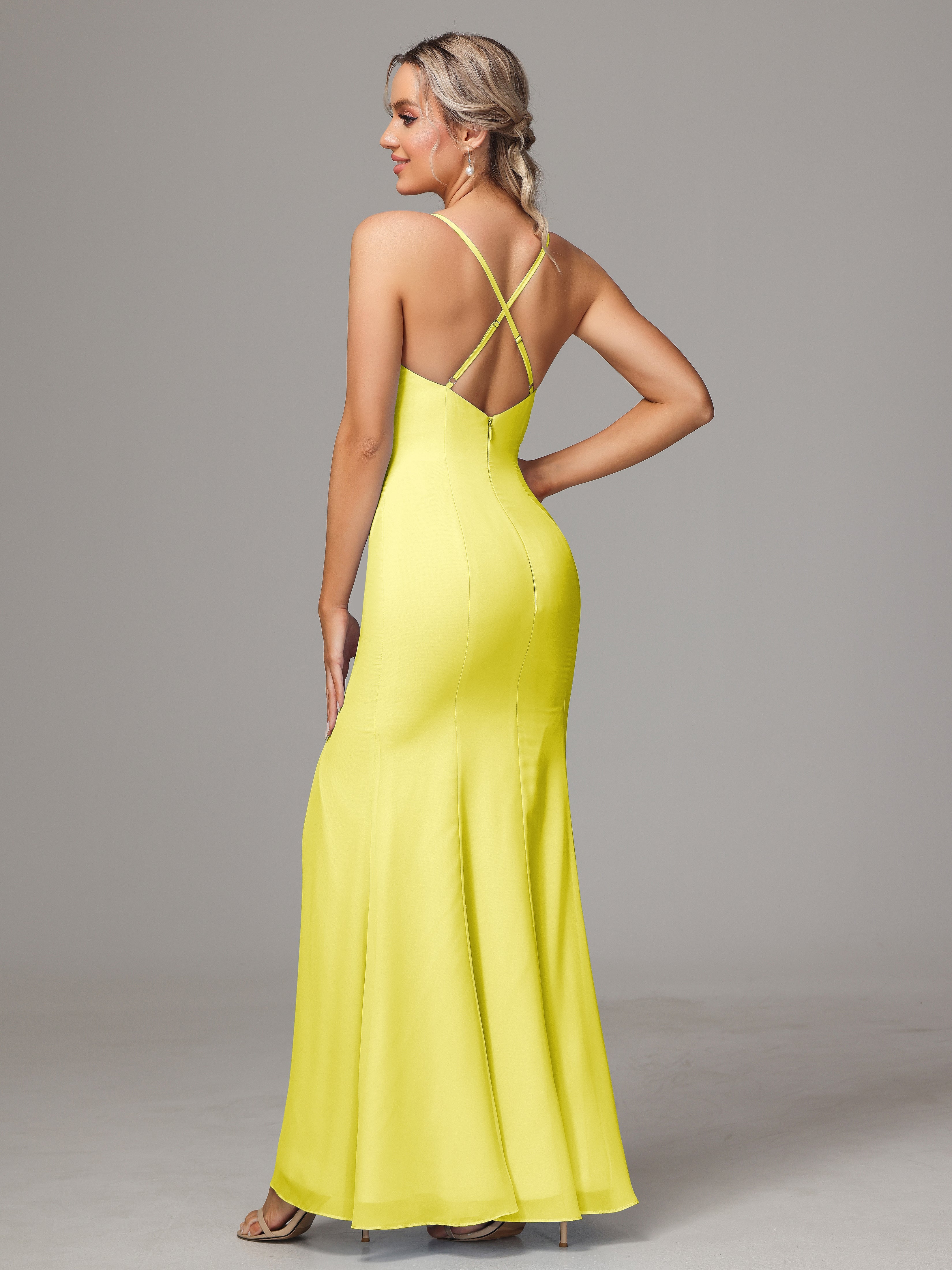 Spaghetti Straps Cross Back Chiffon Bridesmaid Dress