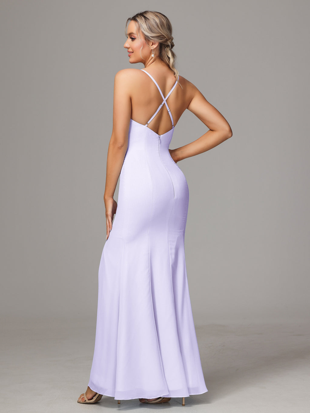 Spaghetti Straps Cross Back Chiffon Bridesmaid Dress
