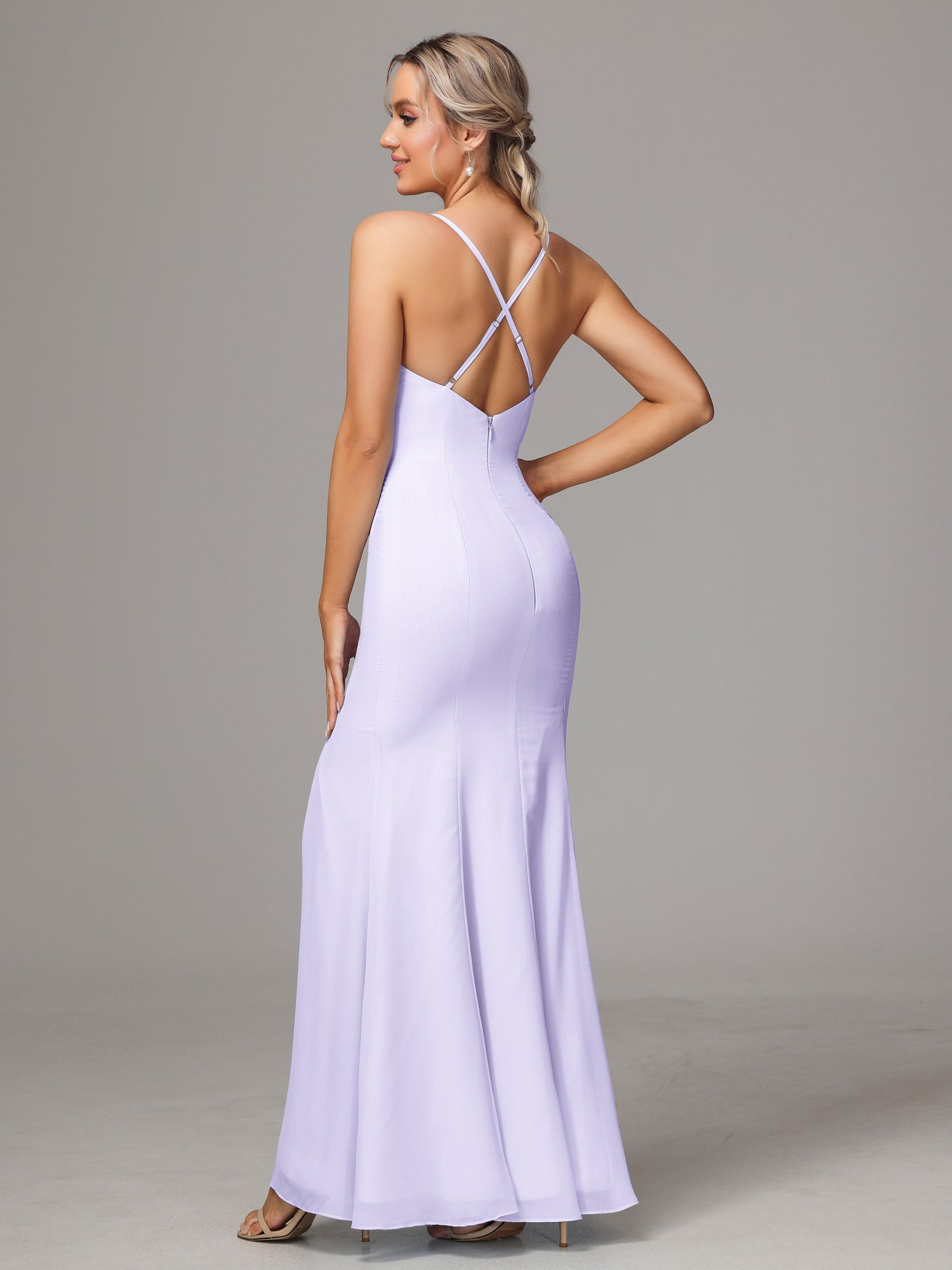 Spaghetti Straps Cross Back Chiffon Bridesmaid Dress