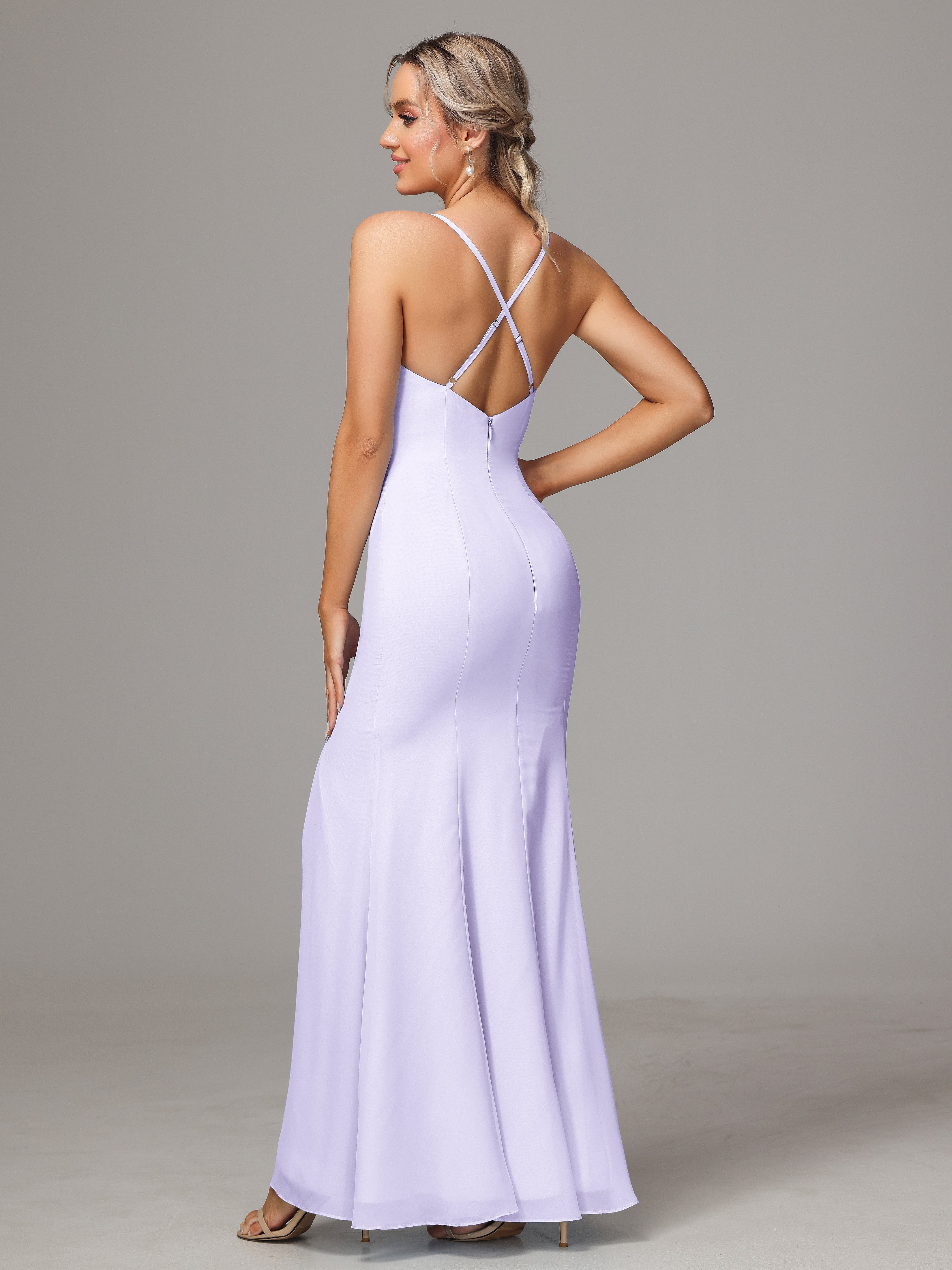 Spaghetti Straps Cross Back Chiffon Bridesmaid Dress