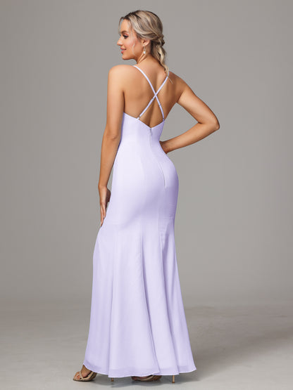 Spaghetti Straps Cross Back Chiffon Bridesmaid Dress