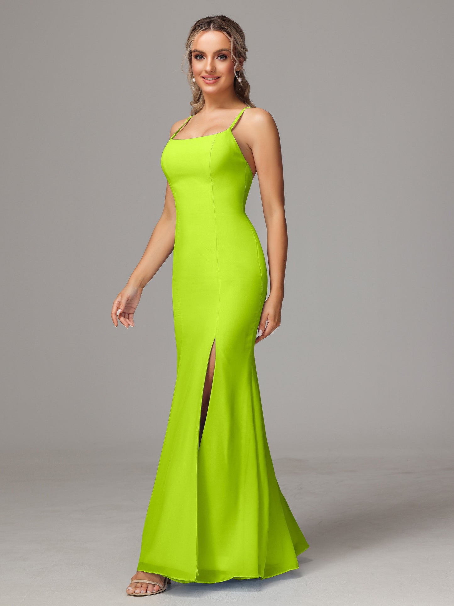 Spaghetti Straps Cross Back Chiffon Bridesmaid Dress