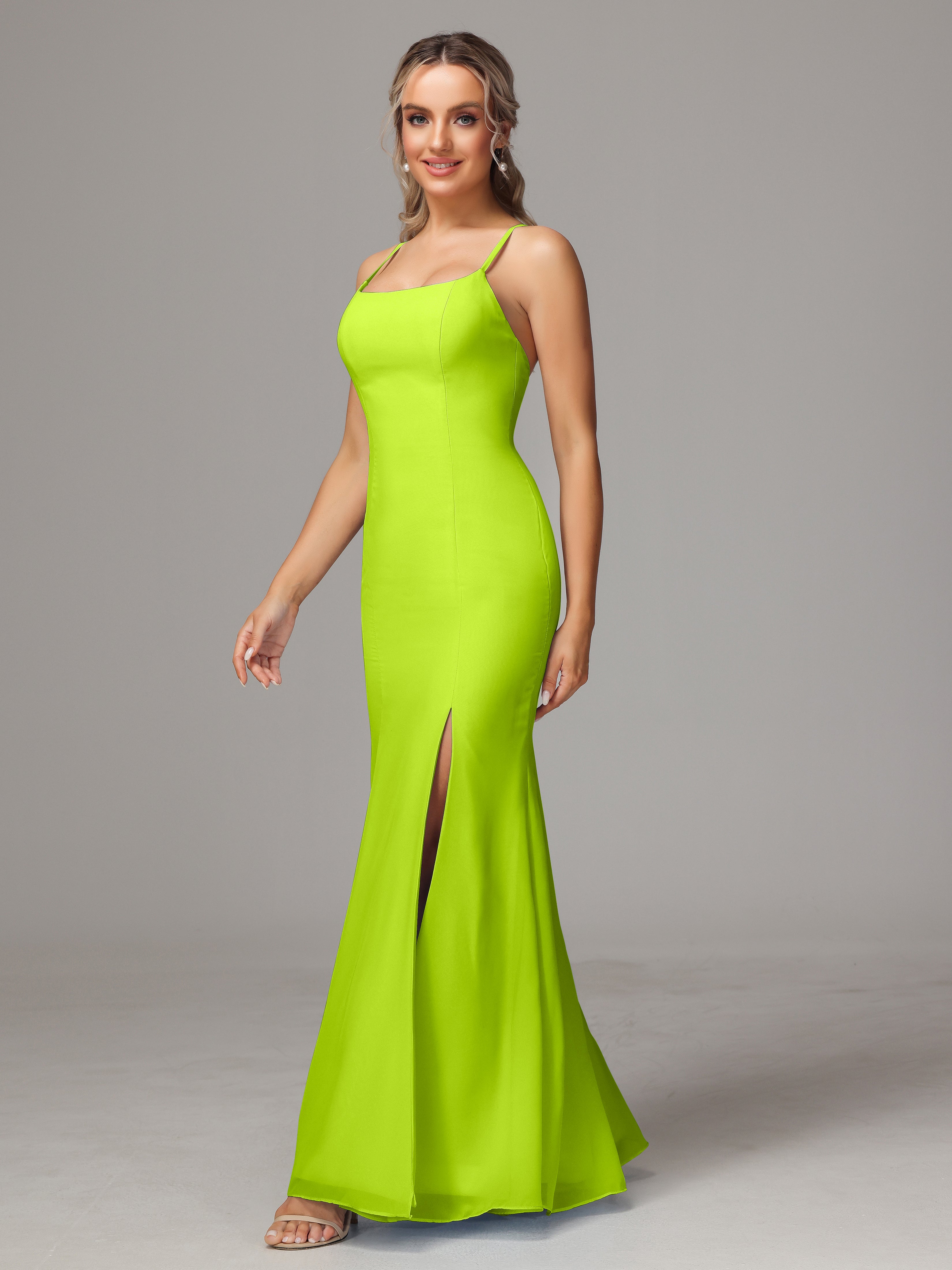 Spaghetti Straps Cross Back Chiffon Bridesmaid Dress