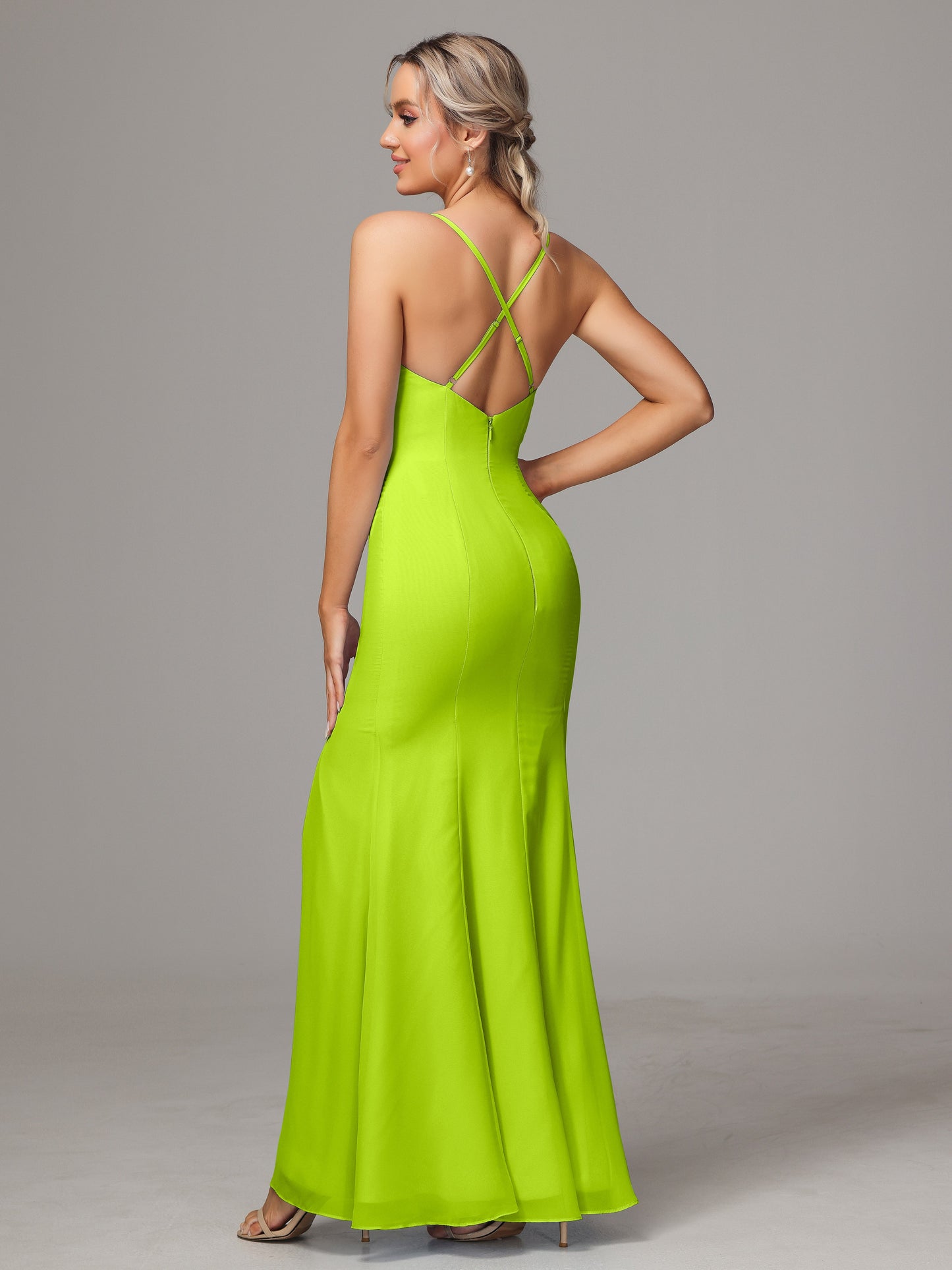 Spaghetti Straps Cross Back Chiffon Bridesmaid Dress