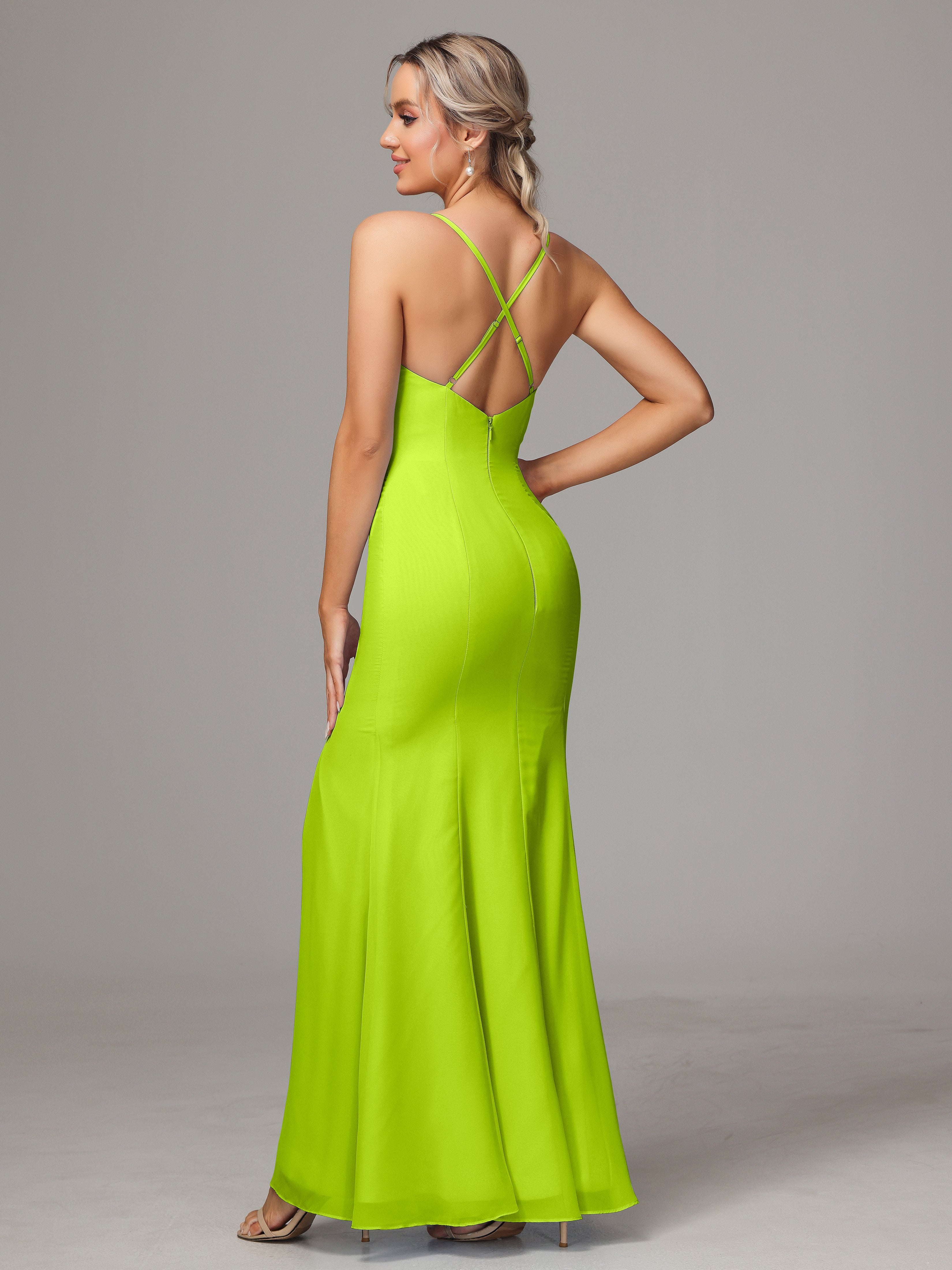 Spaghetti Straps Cross Back Chiffon Bridesmaid Dress