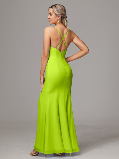 Spaghetti Straps Cross Back Chiffon Bridesmaid Dress