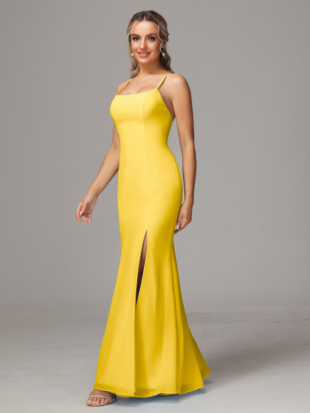 Spaghetti Straps Cross Back Chiffon Bridesmaid Dress