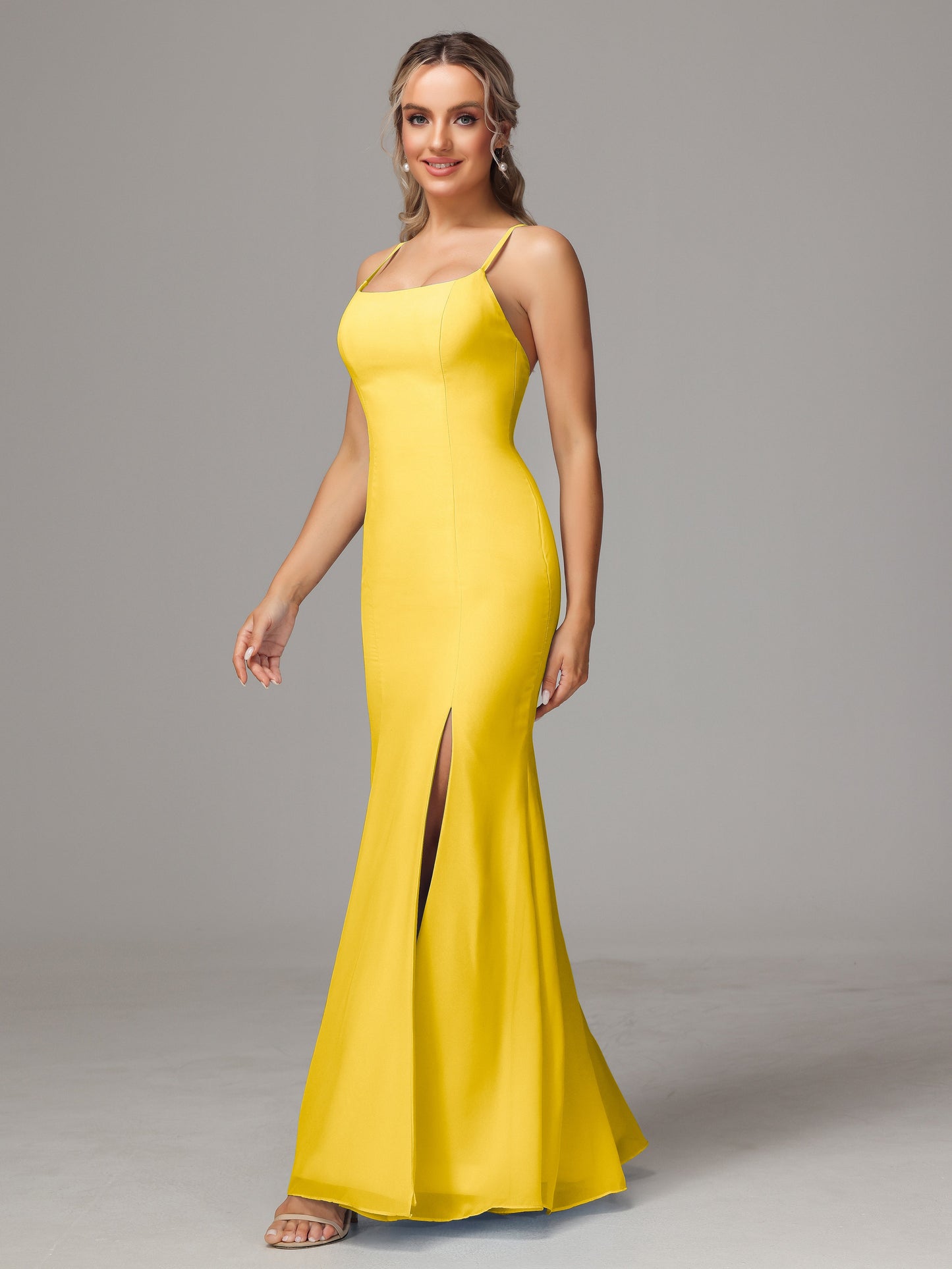 Spaghetti Straps Cross Back Chiffon Bridesmaid Dress