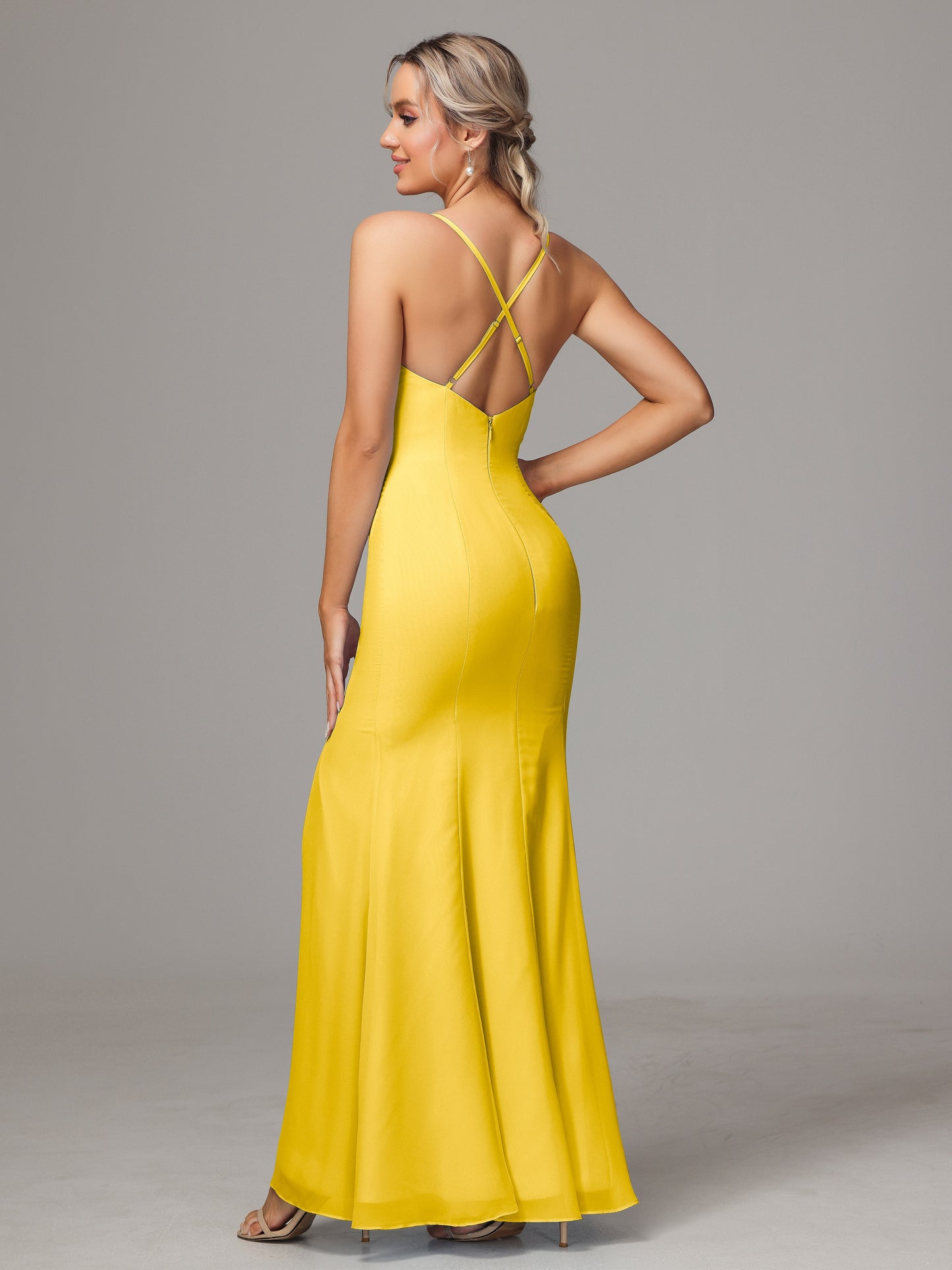 Spaghetti Straps Cross Back Chiffon Bridesmaid Dress