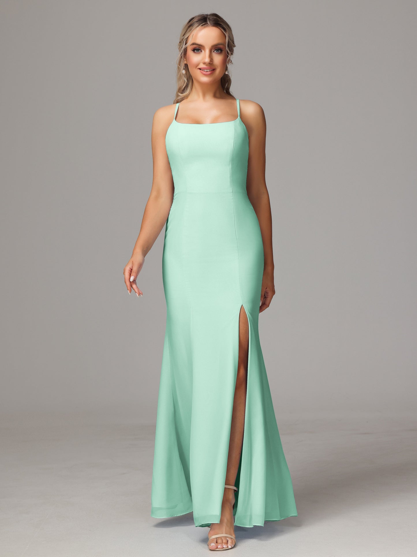 Spaghetti Straps Cross Back Chiffon Bridesmaid Dress