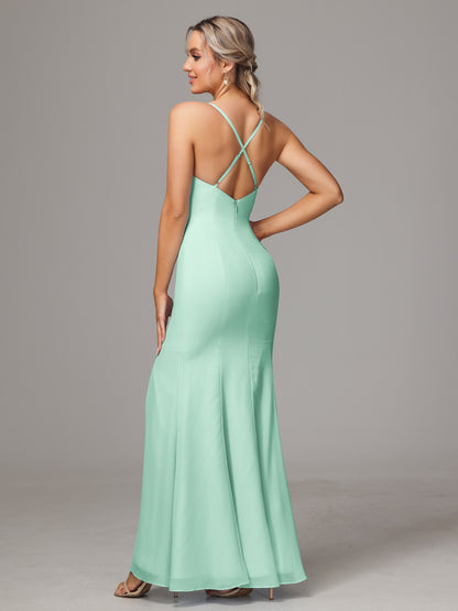 Spaghetti Straps Cross Back Chiffon Bridesmaid Dress