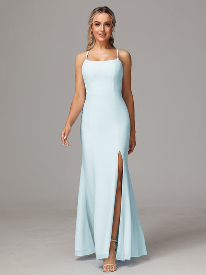 Spaghetti Straps Cross Back Chiffon Bridesmaid Dress