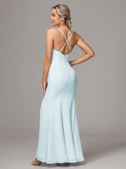 Spaghetti Straps Cross Back Chiffon Bridesmaid Dress