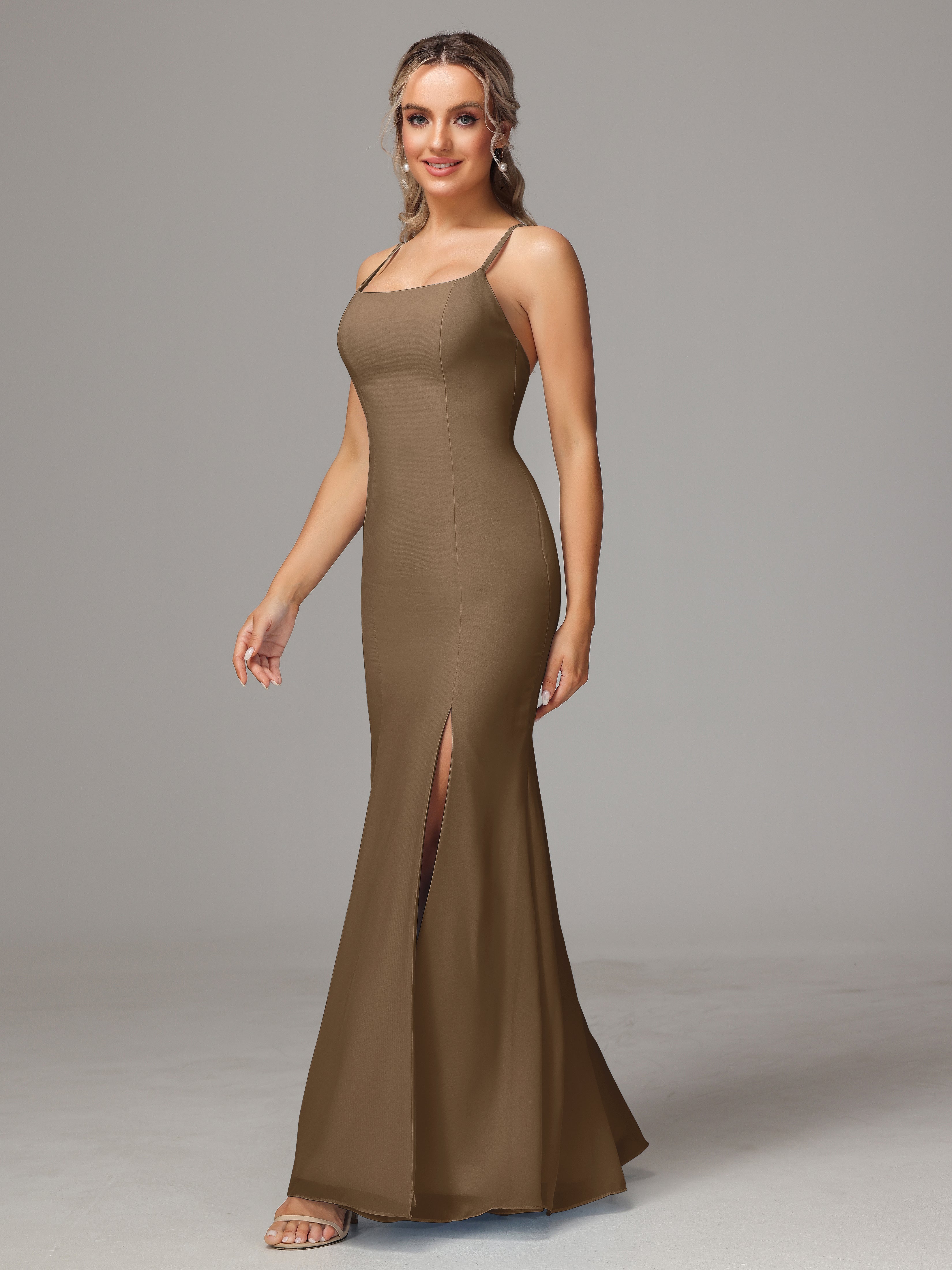 Spaghetti Straps Cross Back Chiffon Bridesmaid Dress