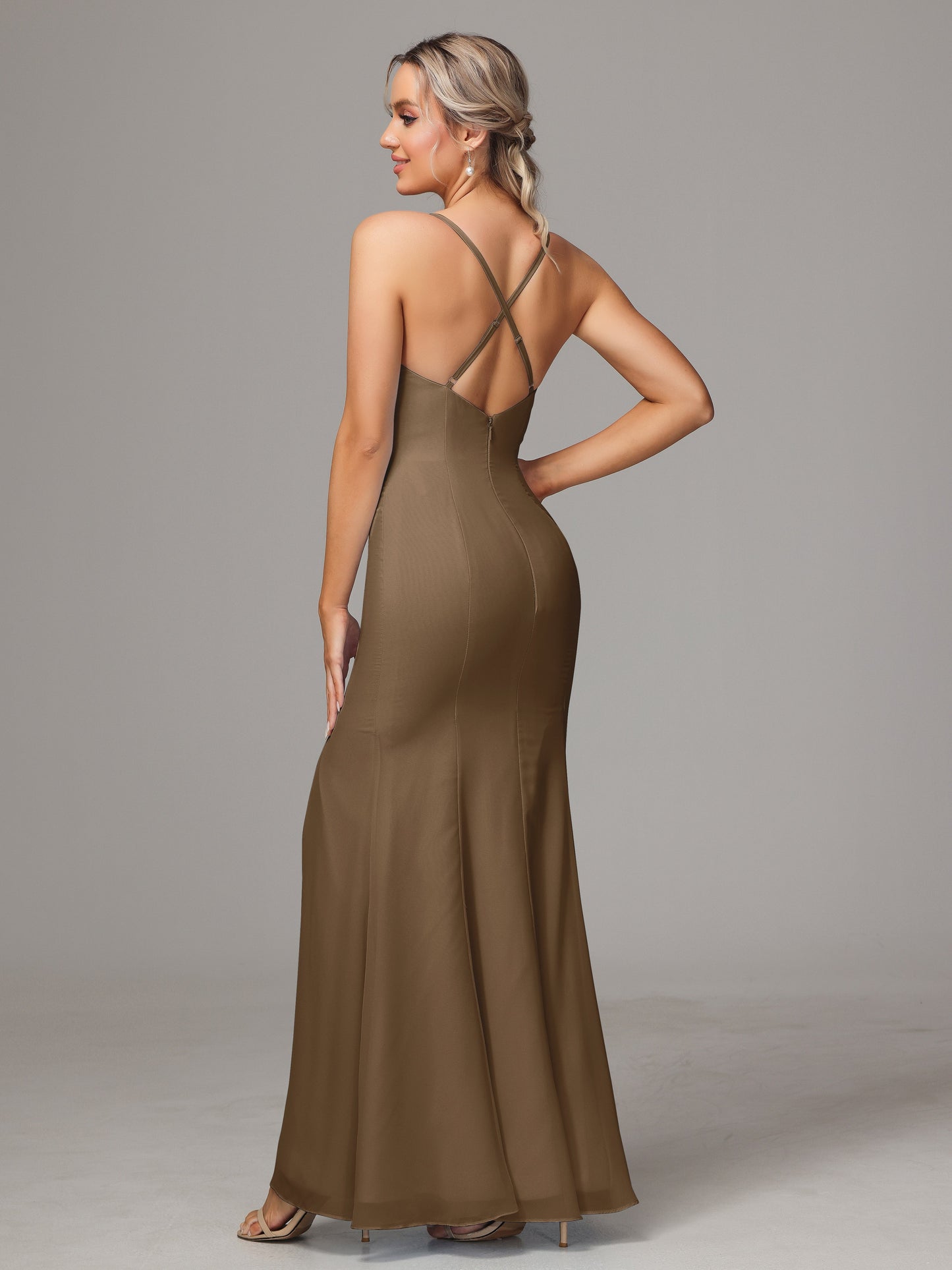 Spaghetti Straps Cross Back Chiffon Bridesmaid Dress